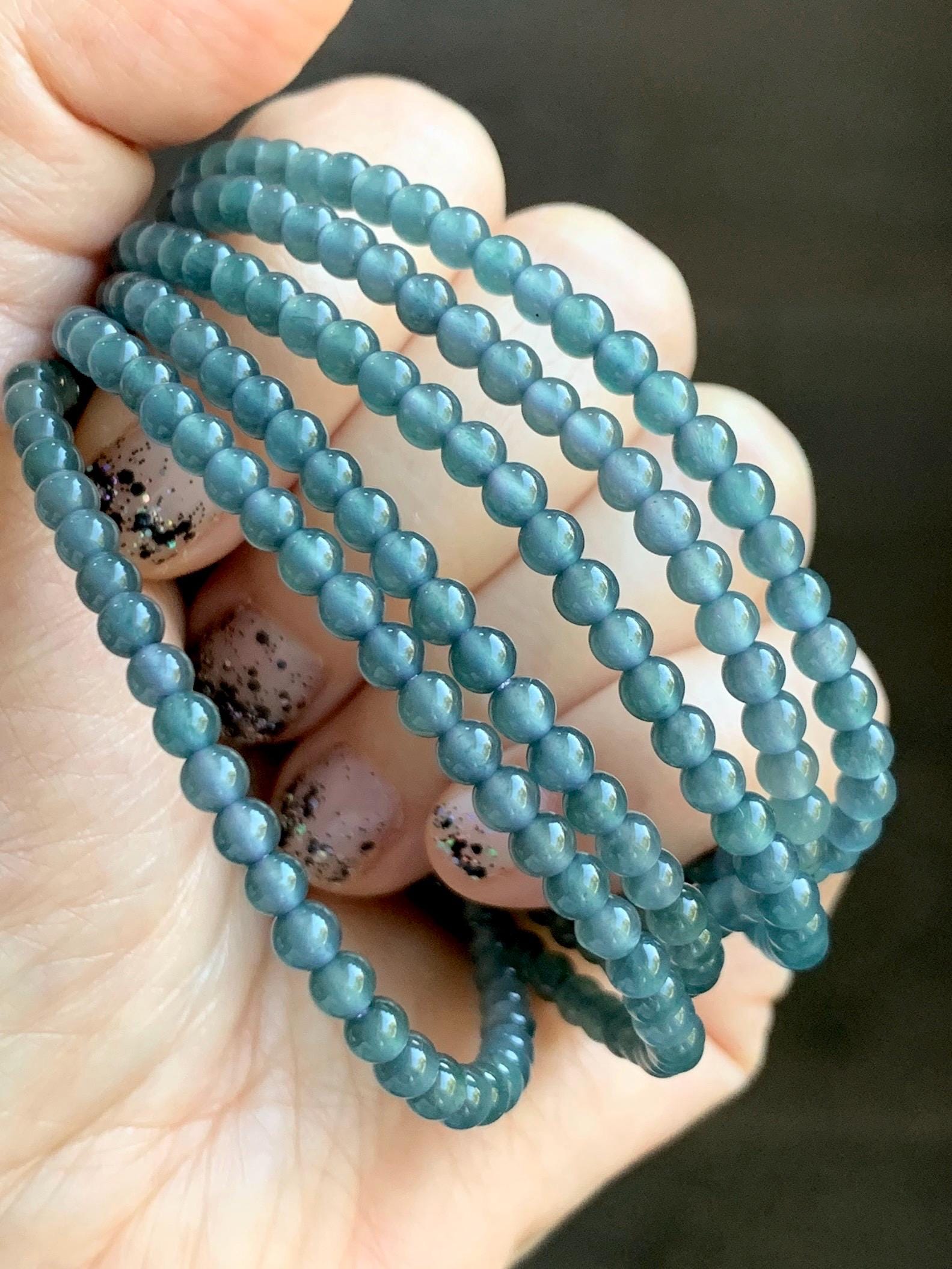 Grade A Natural Guatemalan Icy Highly Translucent Dusty Teal Blue Jade Jadeite Petite Beaded Necklace 3.9mm 20” 14g 天然冰危蓝翡翠圆珠项链 WXL628