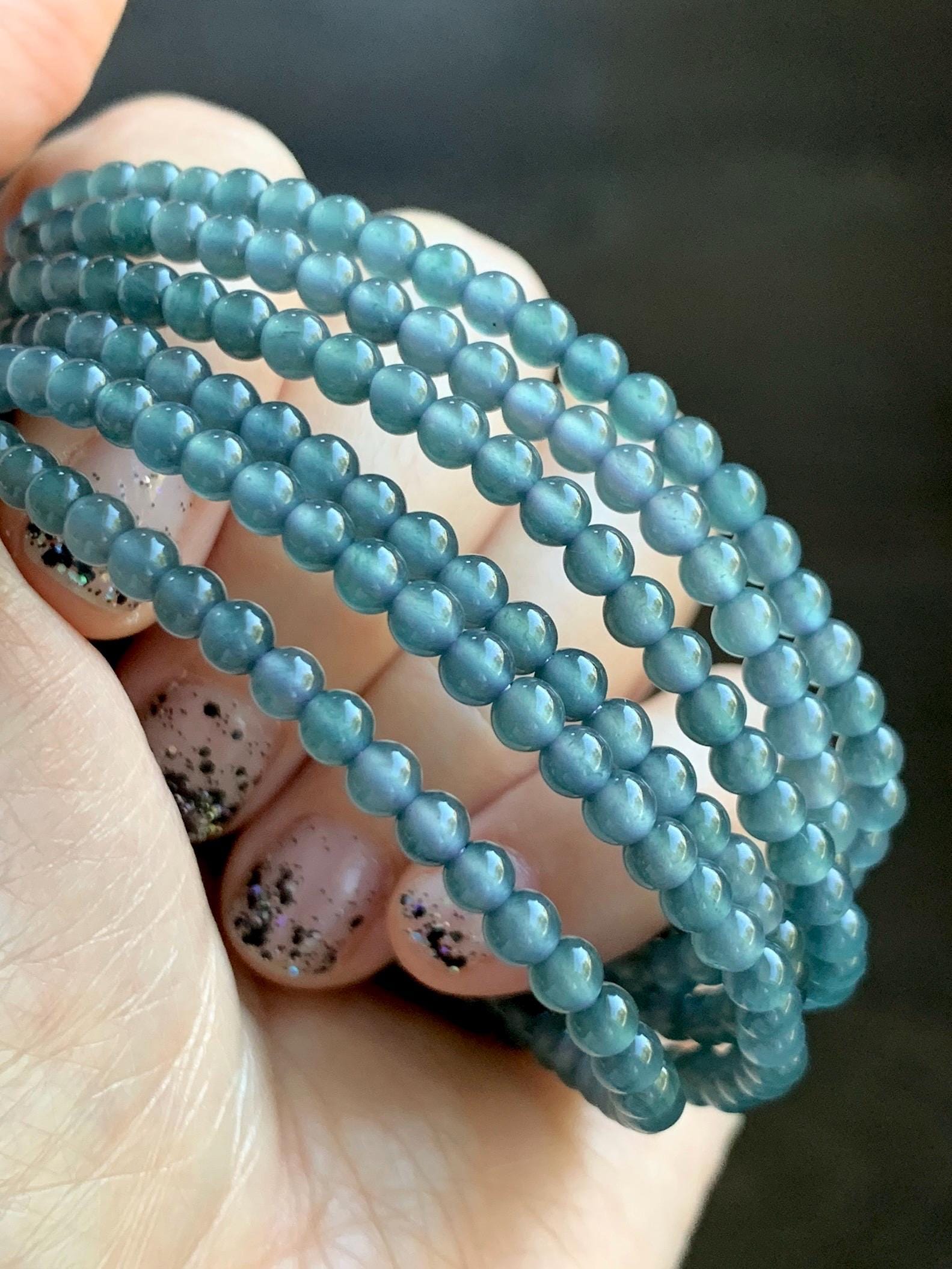 Grade A Natural Guatemalan Icy Highly Translucent Dusty Teal Blue Jade Jadeite Petite Beaded Necklace 3.9mm 20” 14g 天然冰危蓝翡翠圆珠项链 WXL628