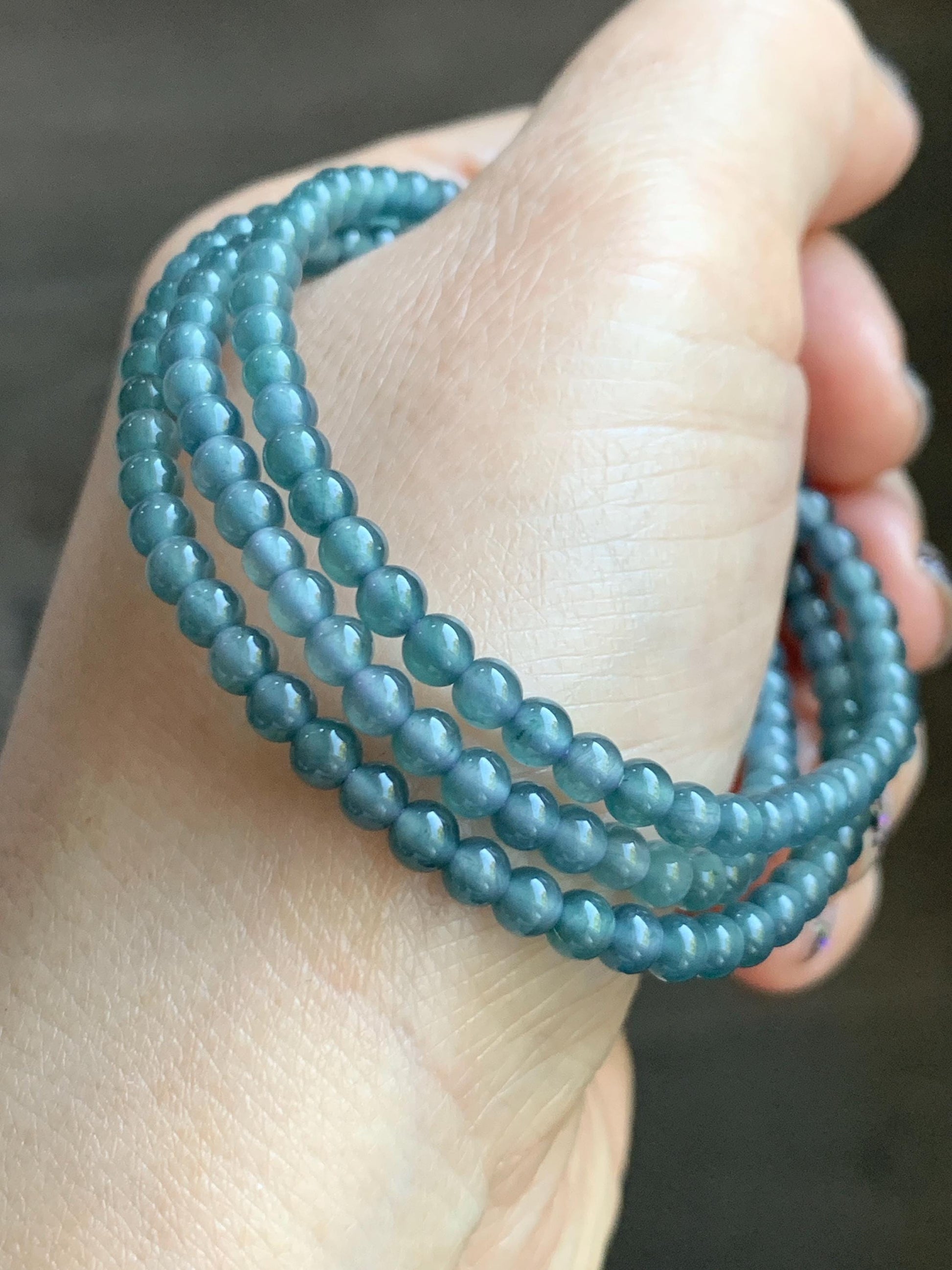 Grade A Natural Guatemalan Icy Highly Translucent Dusty Teal Blue Jade Jadeite Petite Beaded Necklace 3.9mm 20” 14g 天然冰危蓝翡翠圆珠项链 WXL628
