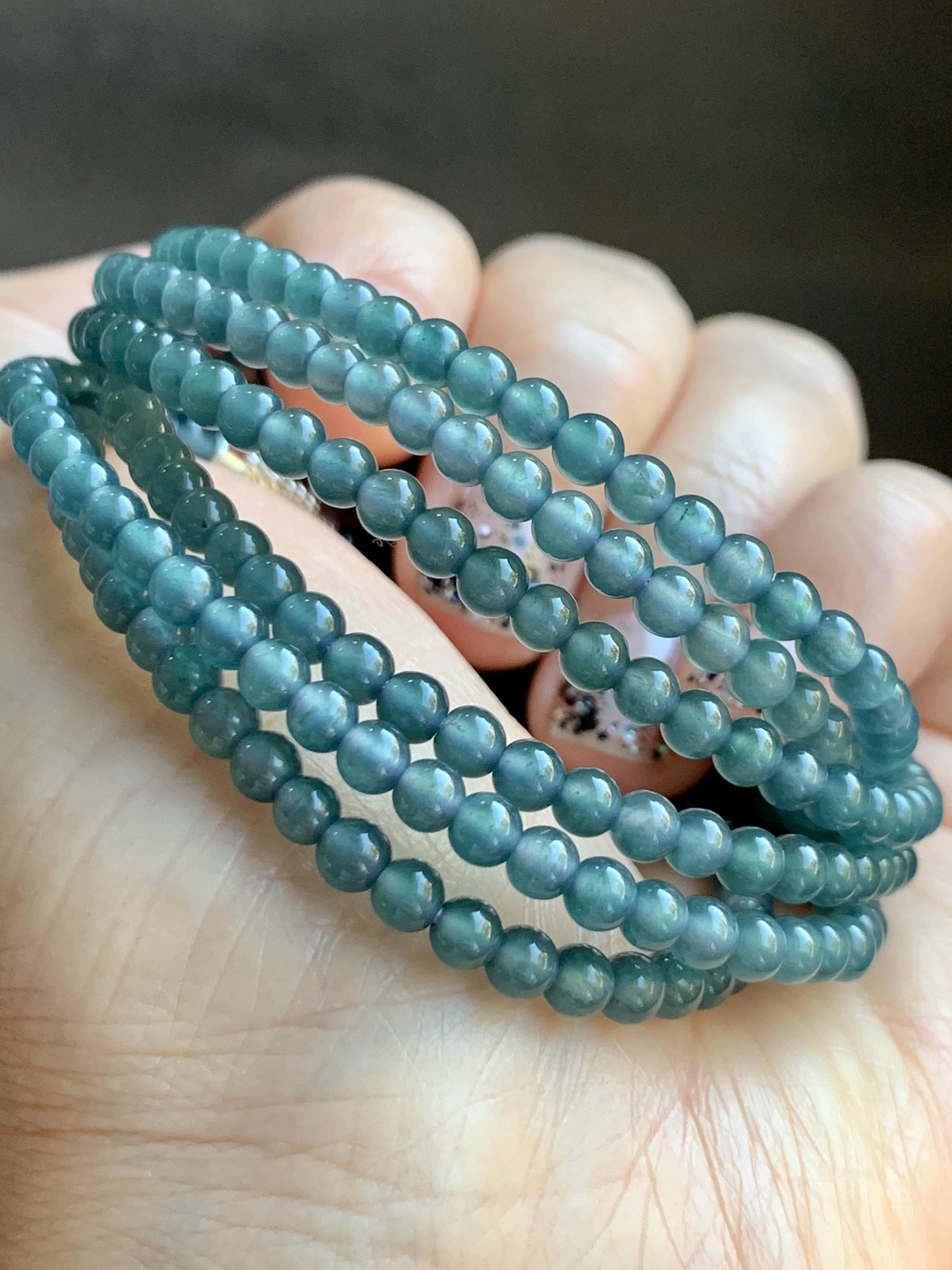 Grade A Natural Guatemalan Icy Highly Translucent Dusty Teal Blue Jade Jadeite Petite Beaded Necklace 3.9mm 20” 14g 天然冰危蓝翡翠圆珠项链 WXL628