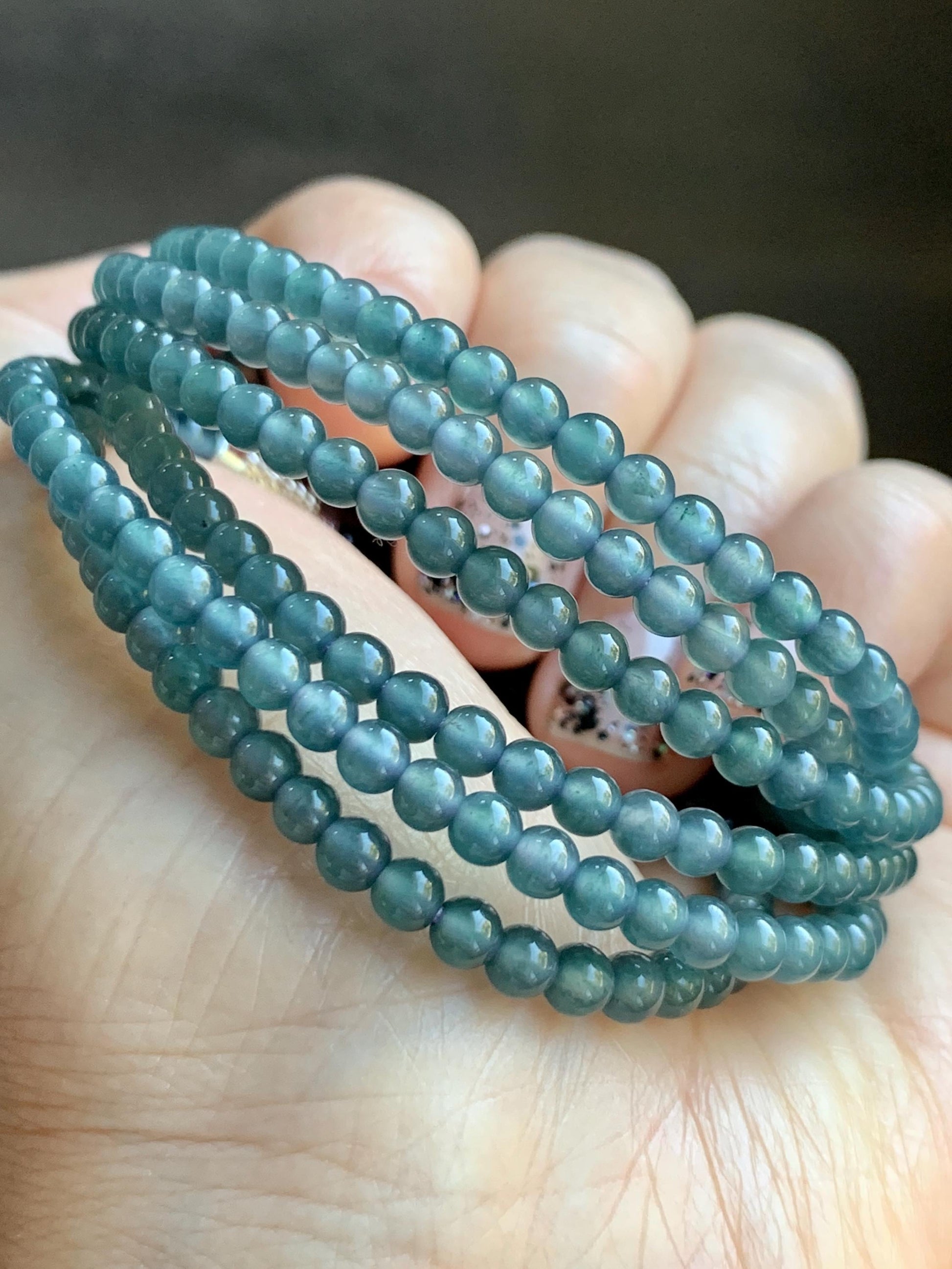 Grade A Natural Guatemalan Icy Highly Translucent Dusty Teal Blue Jade Jadeite Petite Beaded Necklace 3.9mm 20” 14g 天然冰危蓝翡翠圆珠项链 WXL628