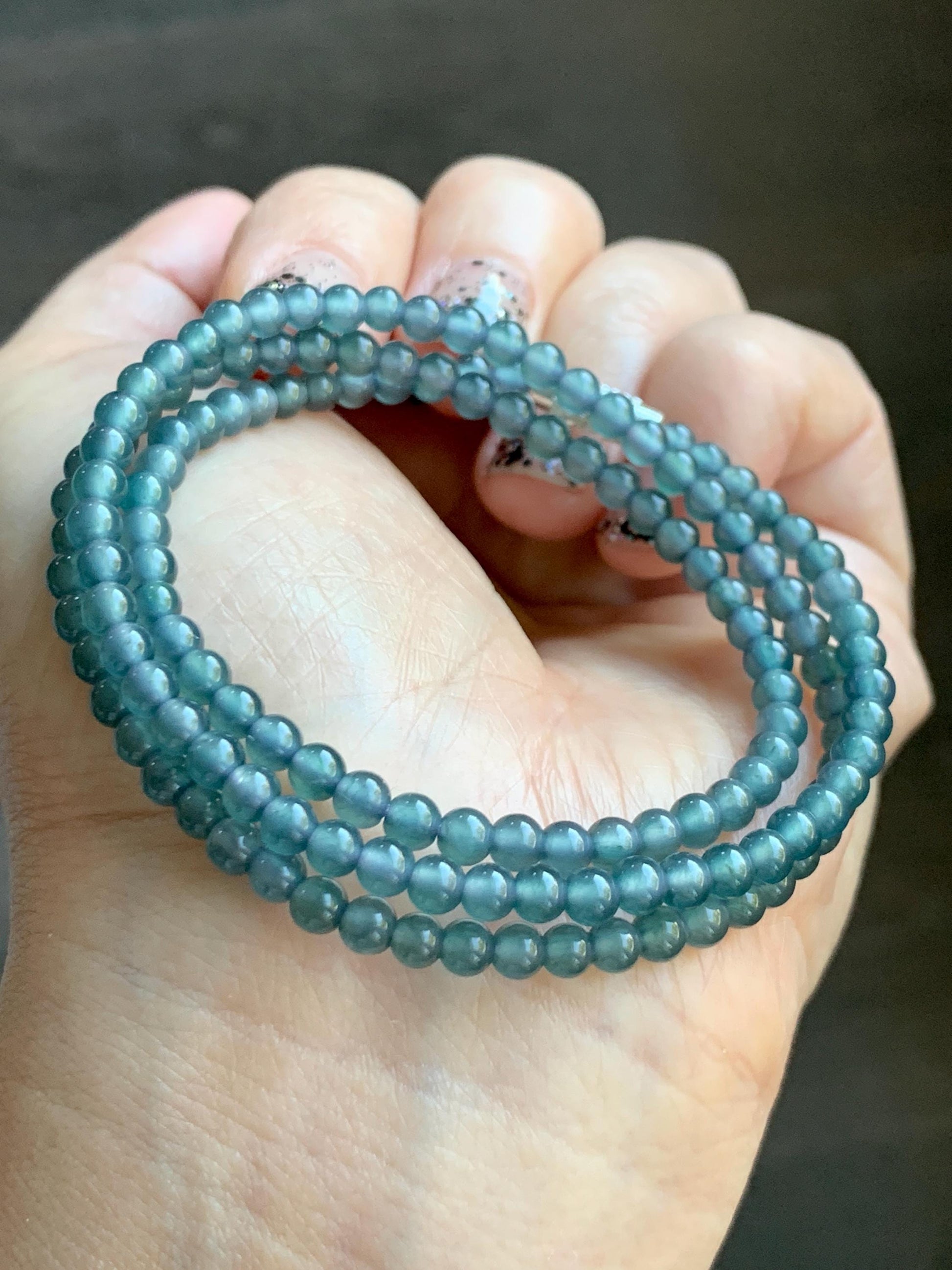 Grade A Natural Guatemalan Icy Highly Translucent Dusty Teal Blue Jade Jadeite Petite Beaded Necklace 3.9mm 20” 14g 天然冰危蓝翡翠圆珠项链 WXL628