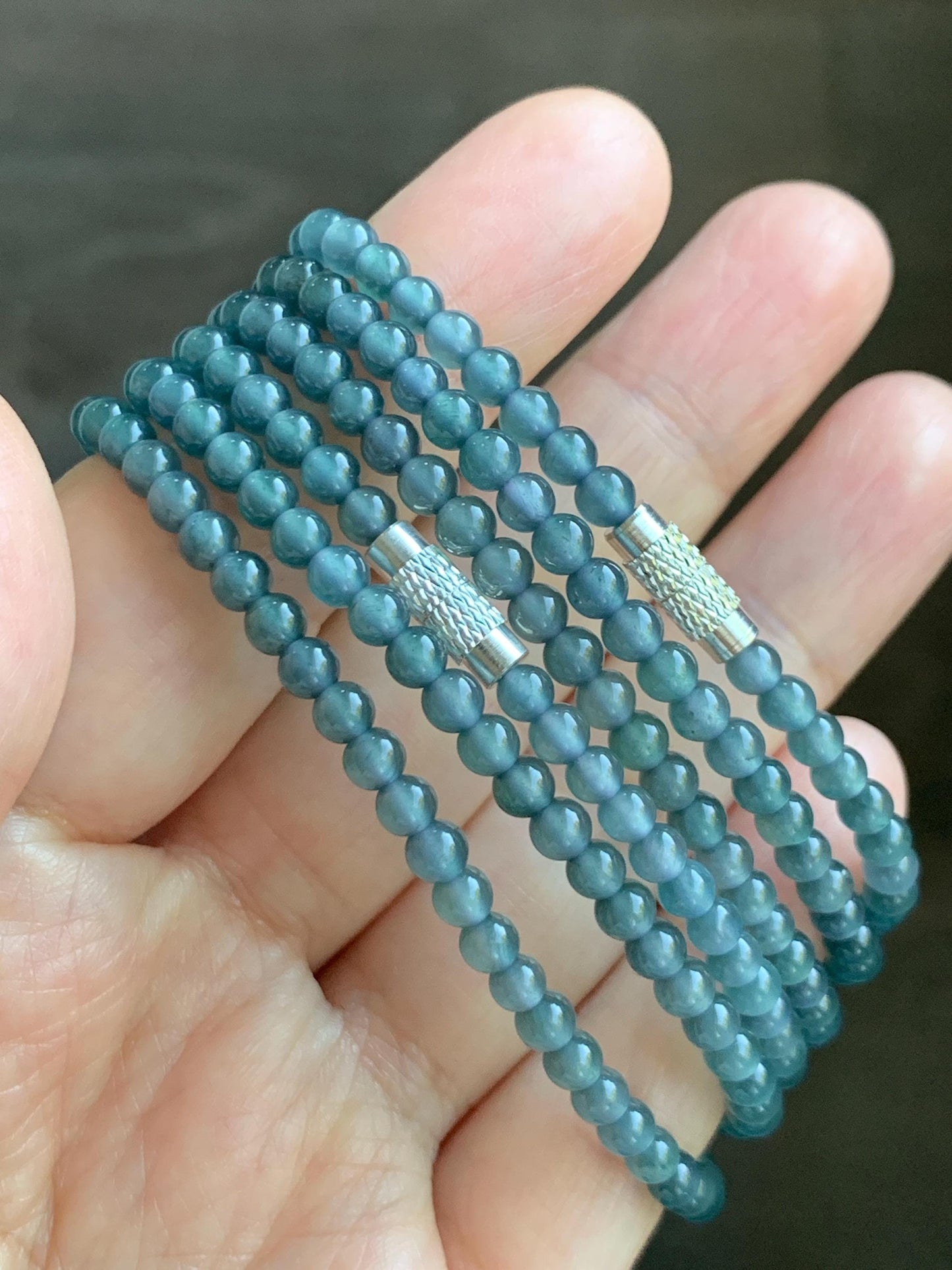 Grade A Natural Guatemalan Icy Highly Translucent Dusty Teal Blue Jade Jadeite Petite Beaded Necklace 3.9mm 20” 14g 天然冰危蓝翡翠圆珠项链 WXL628