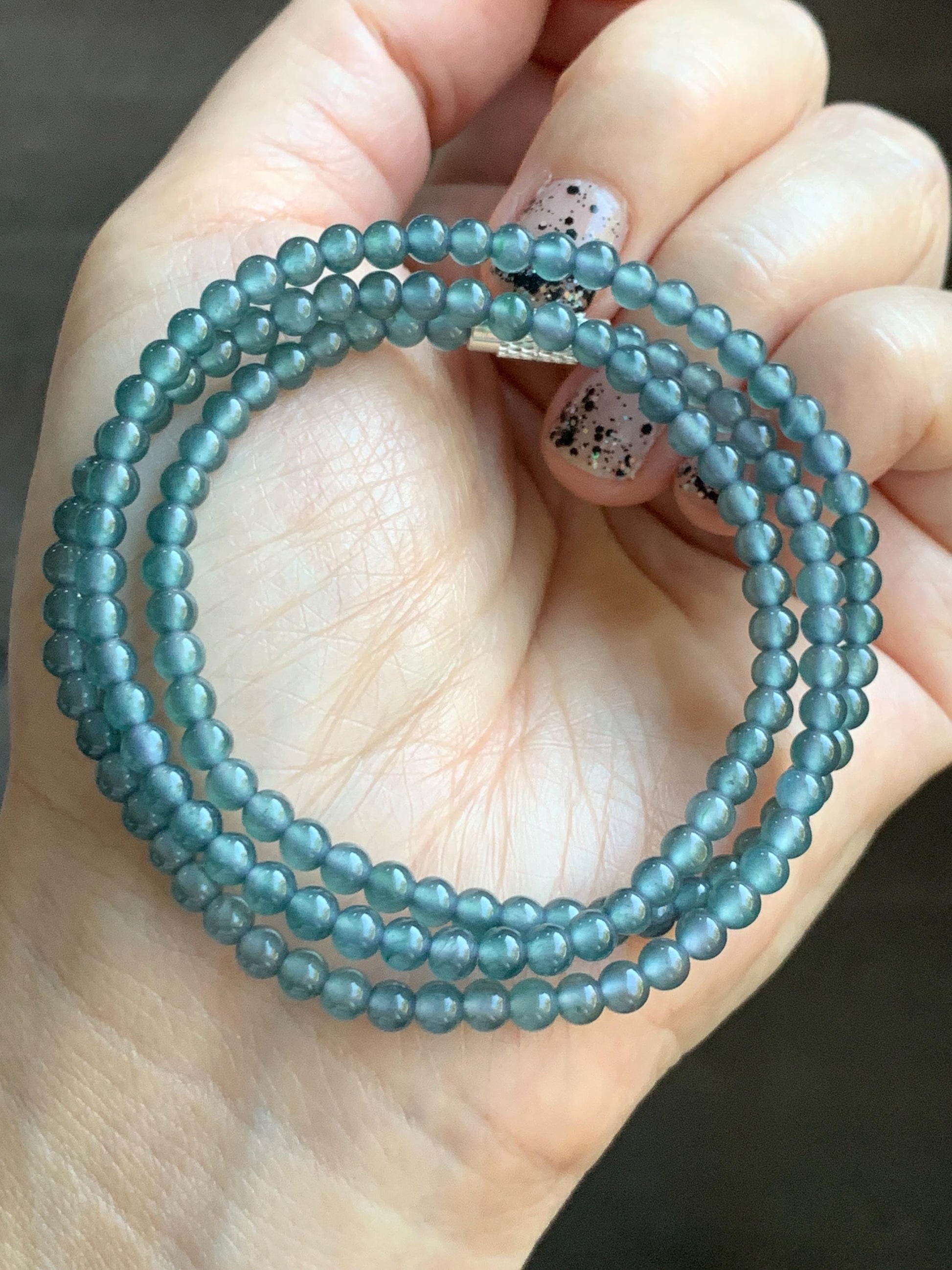Grade A Natural Guatemalan Icy Highly Translucent Dusty Teal Blue Jade Jadeite Petite Beaded Necklace 3.9mm 20” 14g 天然冰危蓝翡翠圆珠项链 WXL628