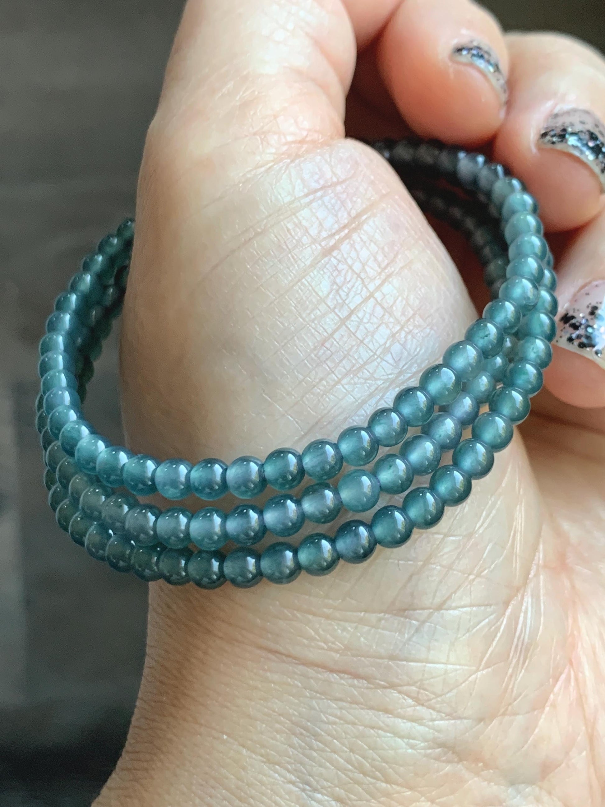 Grade A Natural Guatemalan Icy Highly Translucent Dusty Teal Blue Jade Jadeite Petite Beaded Necklace 3.9mm 20” 14g 天然冰危蓝翡翠圆珠项链 WXL628