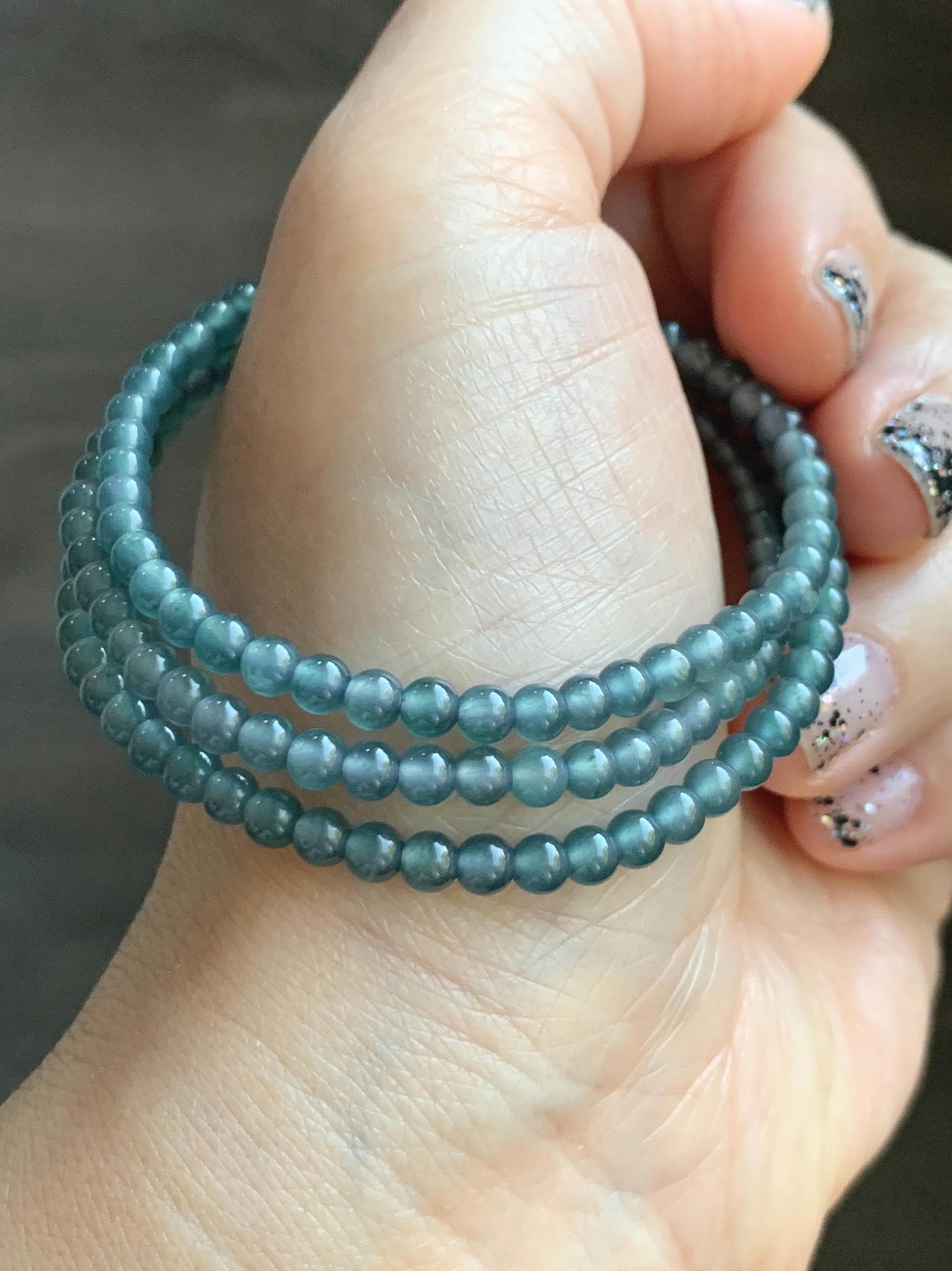Grade A Natural Guatemalan Icy Highly Translucent Dusty Teal Blue Jade Jadeite Petite Beaded Necklace 3.9mm 20” 14g 天然冰危蓝翡翠圆珠项链 WXL628