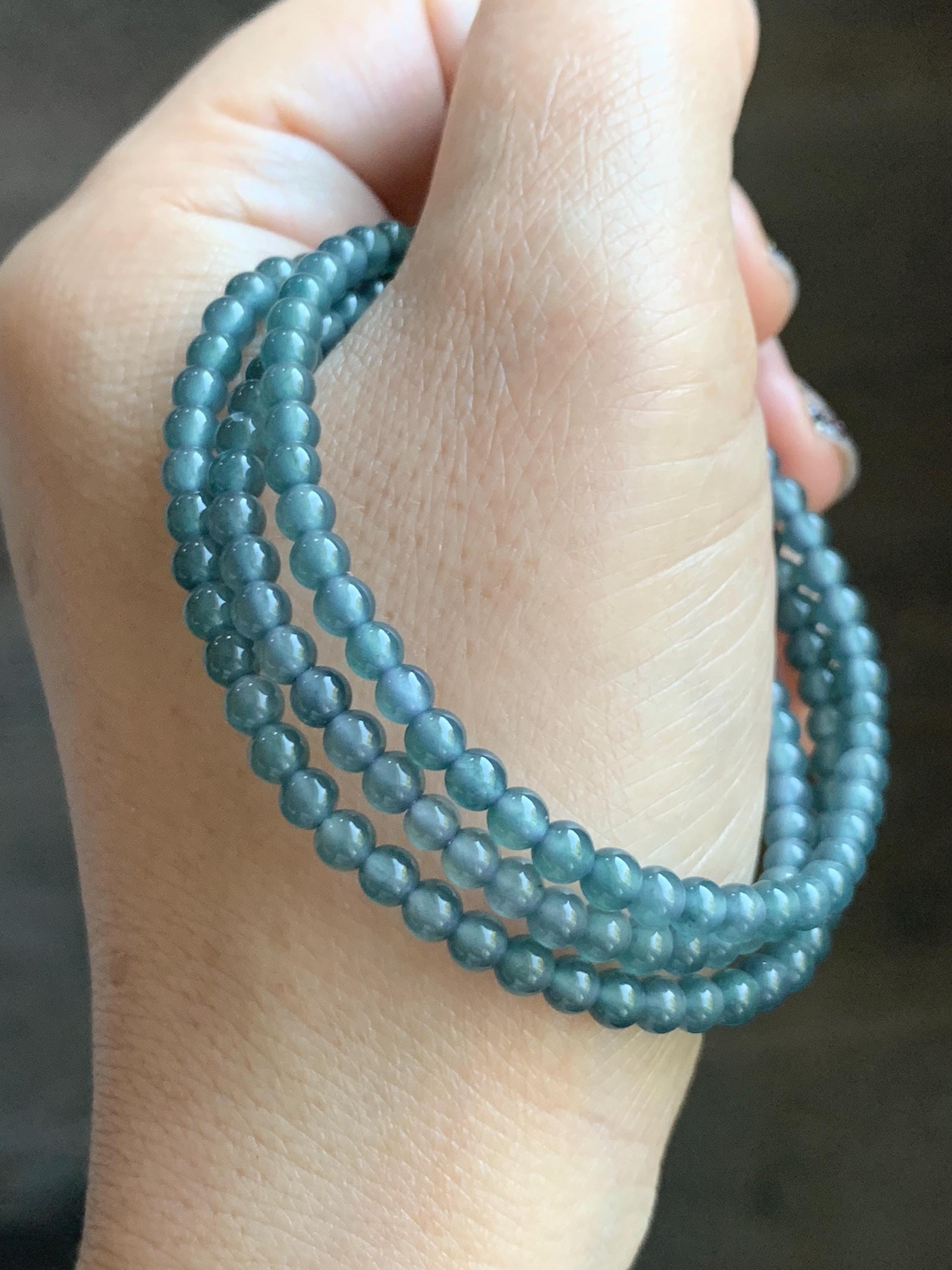 Grade A Natural Guatemalan Icy Highly Translucent Dusty Teal Blue Jade Jadeite Petite Beaded Necklace 3.9mm 20” 14g 天然冰危蓝翡翠圆珠项链 WXL628