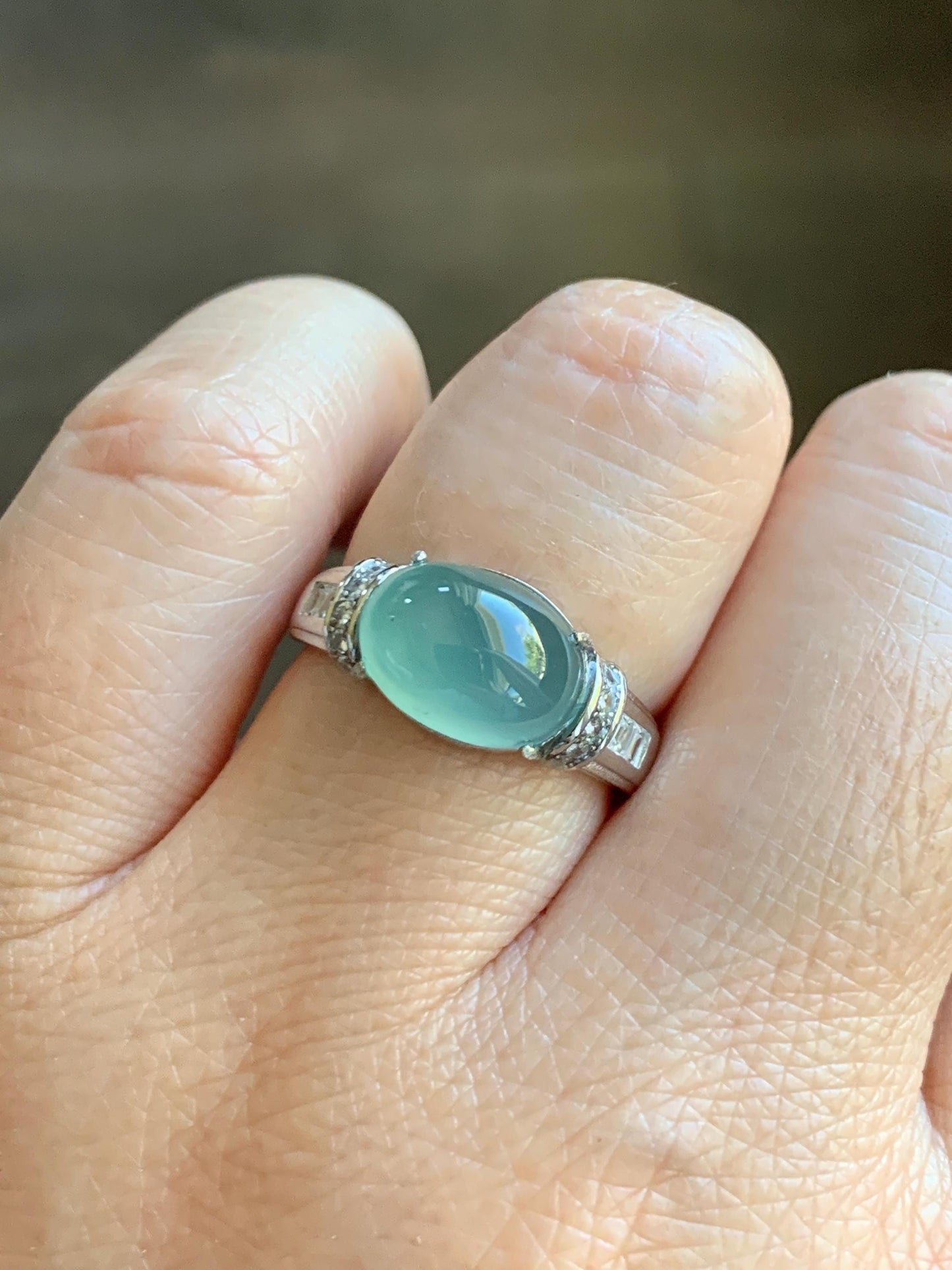 Natural Grade A Guatemalan Icy Translucent Light Teal Green Oval Jade Jadeite Ring Sterling Silver Size Adjustable 天然冰危浅蓝绿翡翠银镶戒指 JDX132A