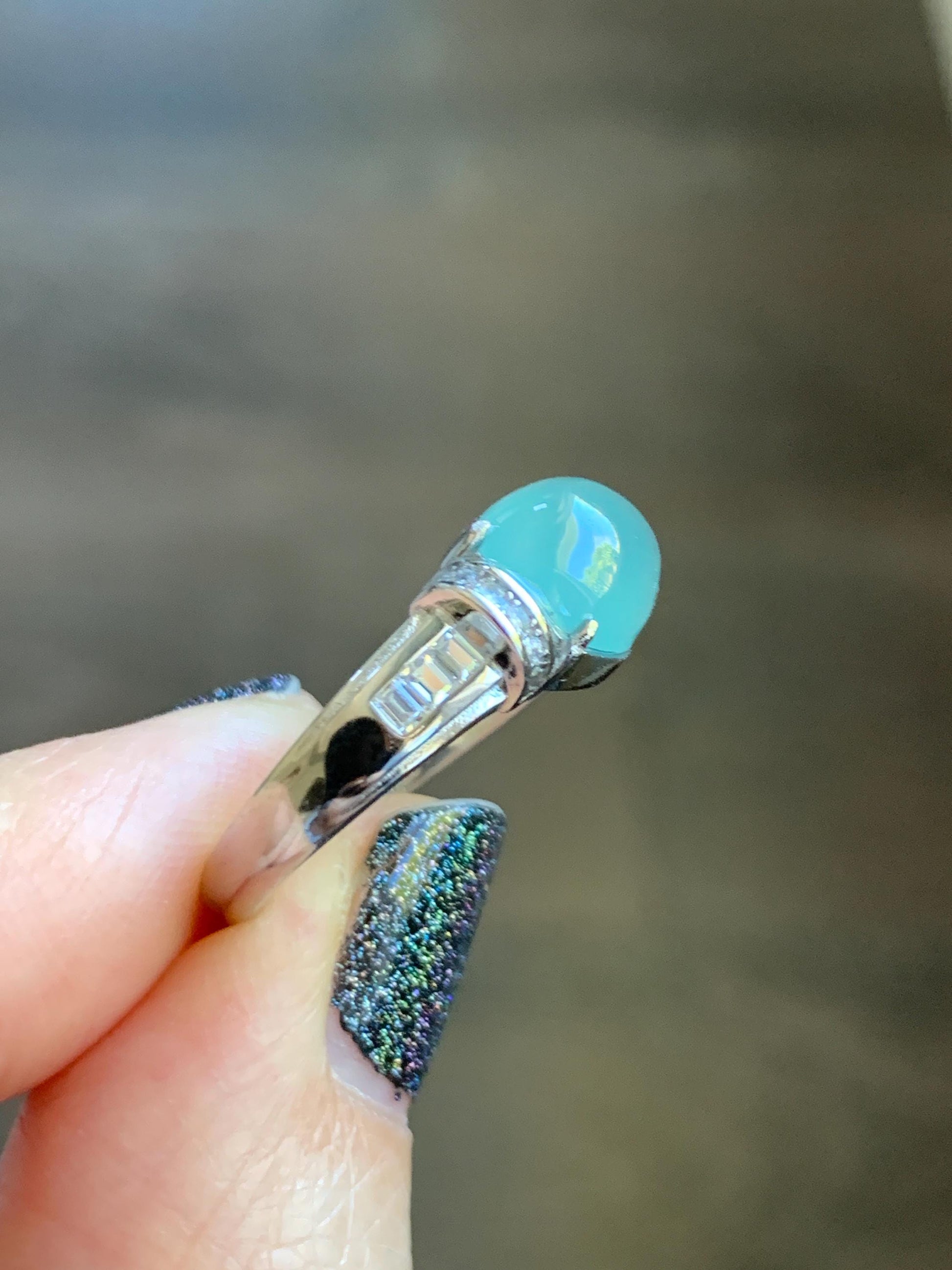 Natural Grade A Guatemalan Icy Translucent Light Teal Green Oval Jade Jadeite Ring Sterling Silver Size Adjustable 天然冰危浅蓝绿翡翠银镶戒指 JDX132A