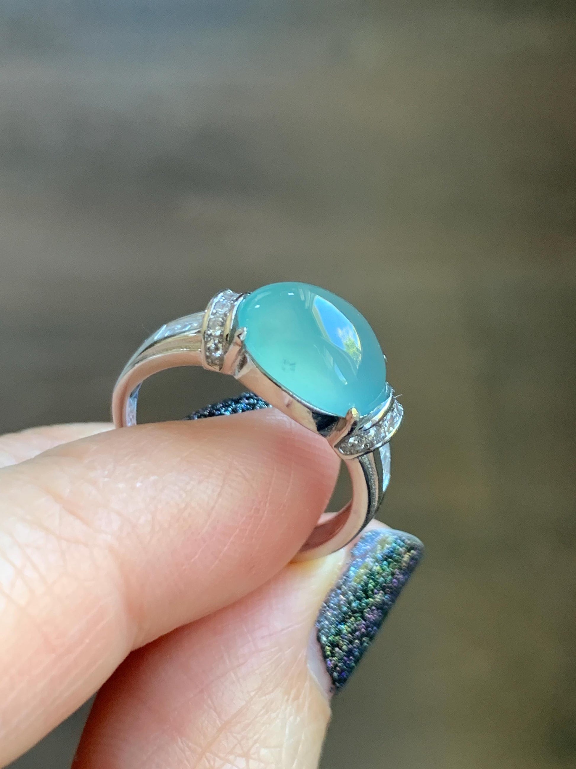 Natural Grade A Guatemalan Icy Translucent Light Teal Green Oval Jade Jadeite Ring Sterling Silver Size Adjustable 天然冰危浅蓝绿翡翠银镶戒指 JDX132A