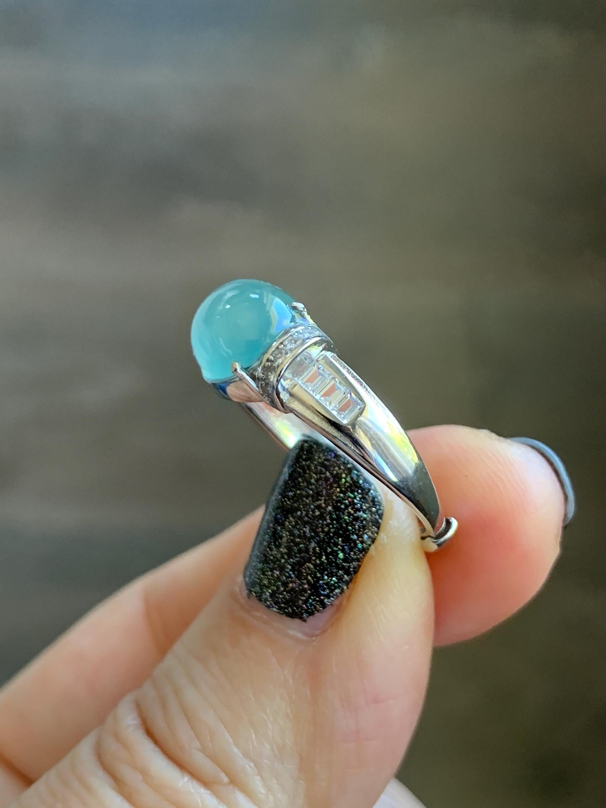 Natural Grade A Guatemalan Icy Translucent Light Teal Green Oval Jade Jadeite Ring Sterling Silver Size Adjustable 天然冰危浅蓝绿翡翠银镶戒指 JDX132A