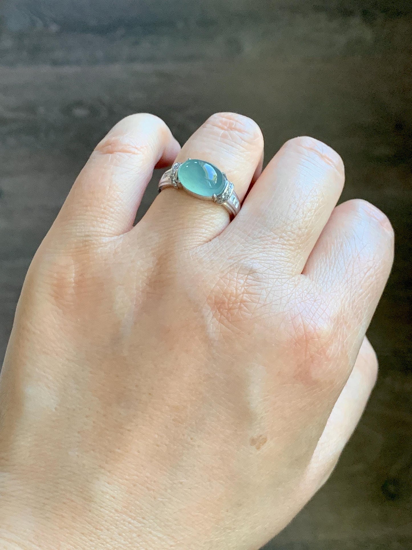 Natural Grade A Guatemalan Icy Translucent Light Teal Green Oval Jade Jadeite Ring Sterling Silver Size Adjustable 天然冰危浅蓝绿翡翠银镶戒指 JDX132A