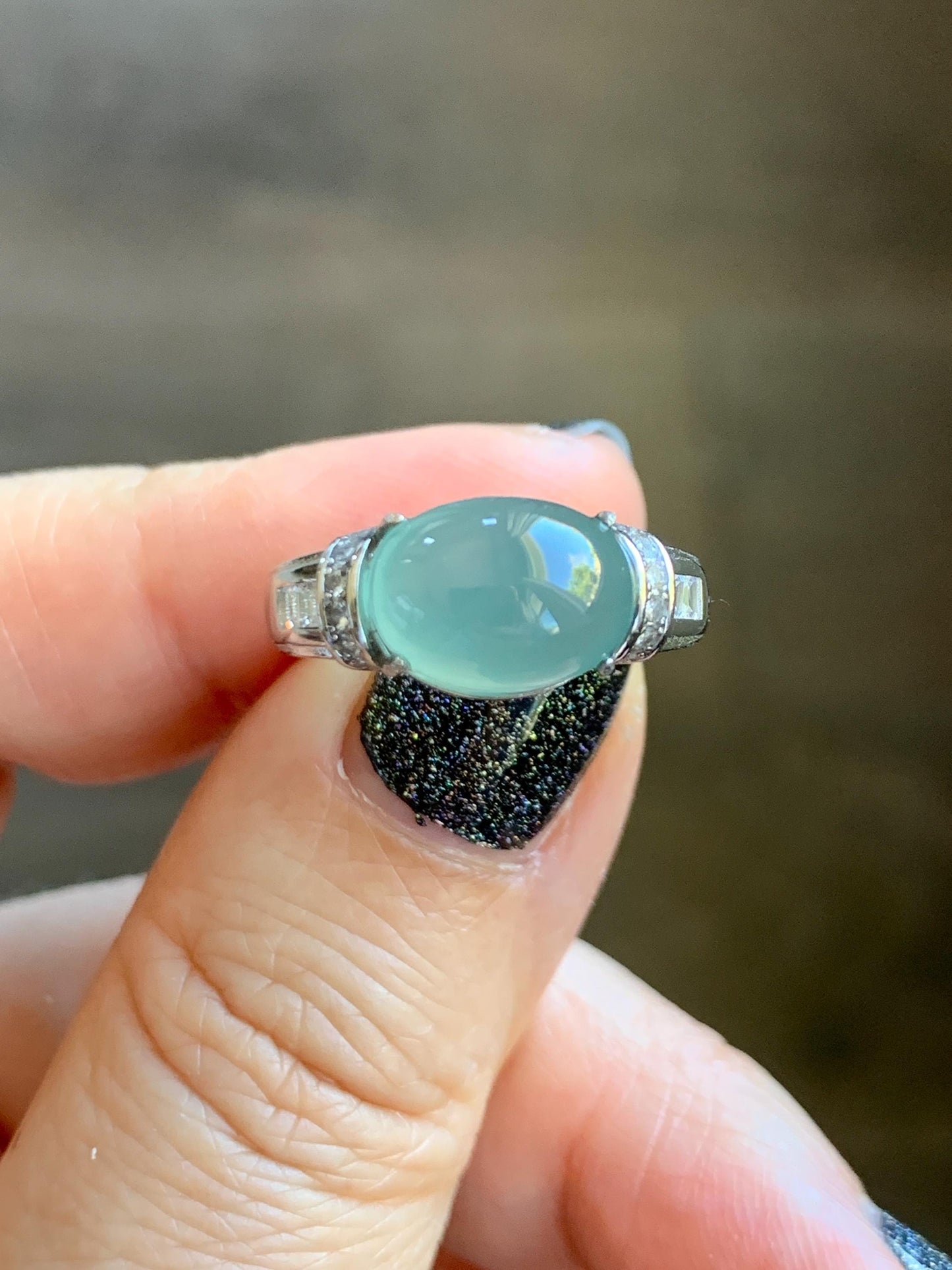 Natural Grade A Guatemalan Icy Translucent Light Teal Green Oval Jade Jadeite Ring Sterling Silver Size Adjustable 天然冰危浅蓝绿翡翠银镶戒指 JDX132A