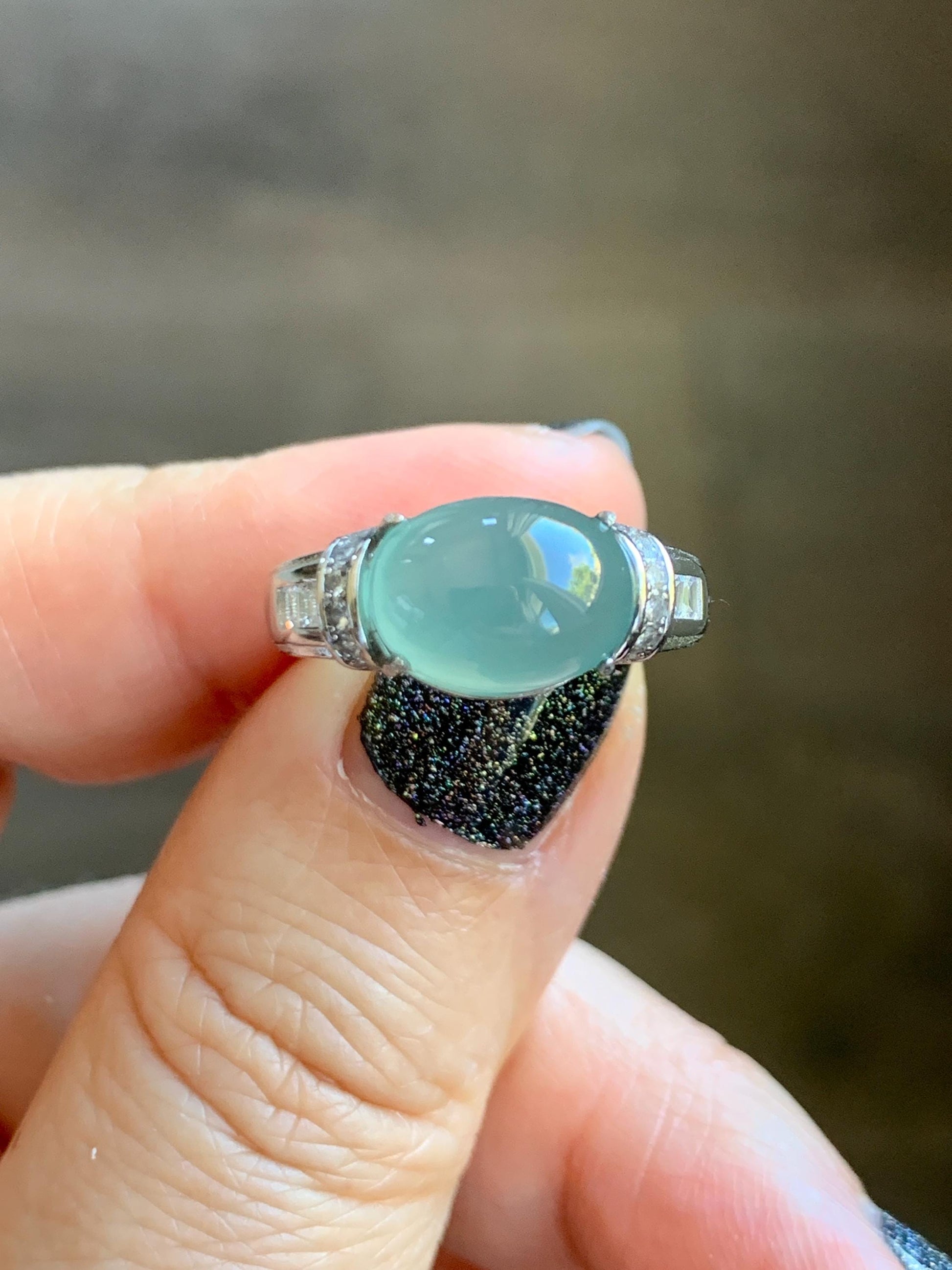 Natural Grade A Guatemalan Icy Translucent Light Teal Green Oval Jade Jadeite Ring Sterling Silver Size Adjustable 天然冰危浅蓝绿翡翠银镶戒指 JDX132A