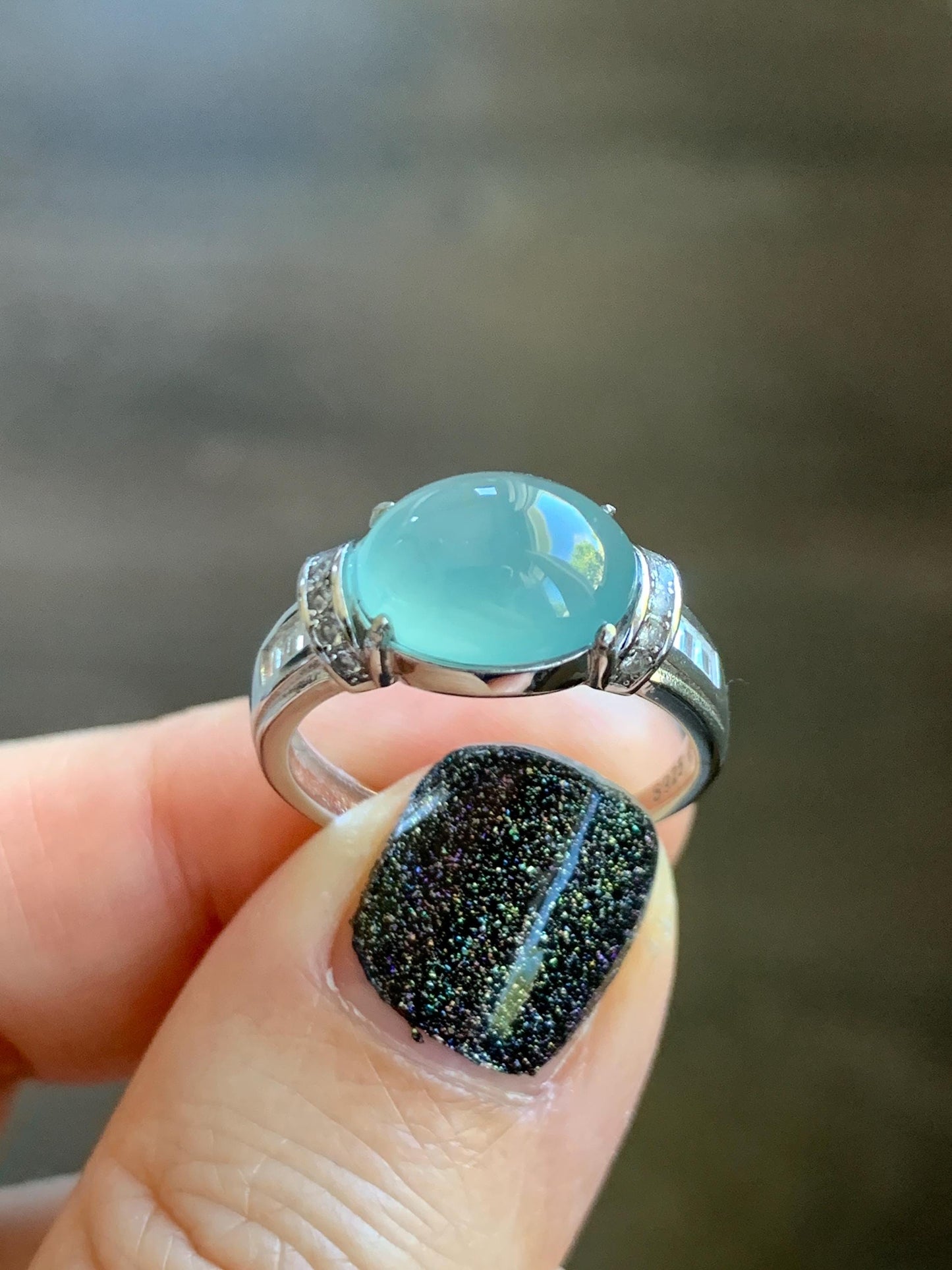 Natural Grade A Guatemalan Icy Translucent Light Teal Green Oval Jade Jadeite Ring Sterling Silver Size Adjustable 天然冰危浅蓝绿翡翠银镶戒指 JDX132A