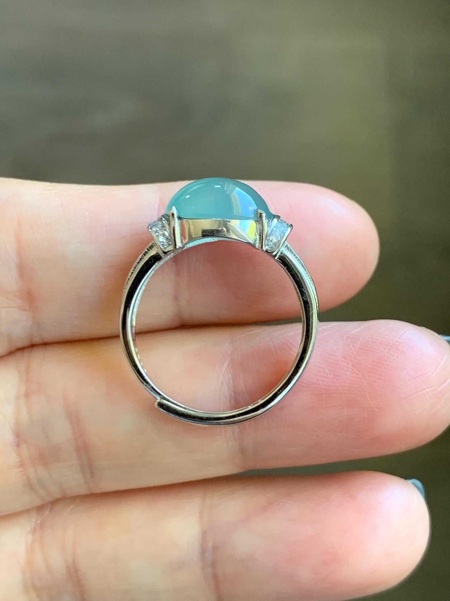 Natural Grade A Guatemalan Icy Translucent Light Teal Green Oval Jade Jadeite Ring Sterling Silver Size Adjustable 天然冰危浅蓝绿翡翠银镶戒指 JDX132A