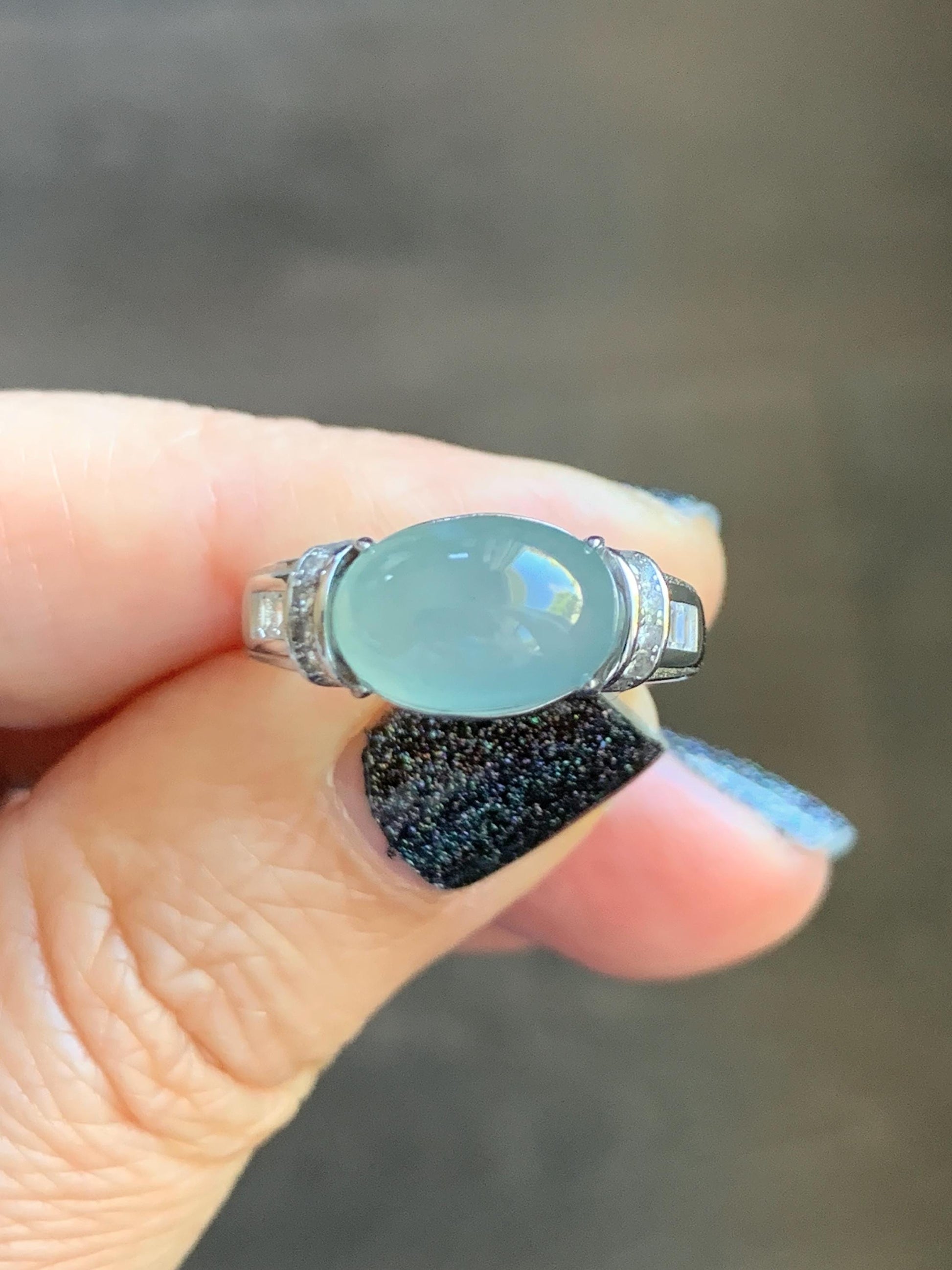 Natural Grade A Guatemalan Icy Translucent Light Teal Blue Oval Jade Jadeite Ring Sterling Silver Size Adjustable 天然冰危浅蓝翡翠银镶戒指 JDX132B