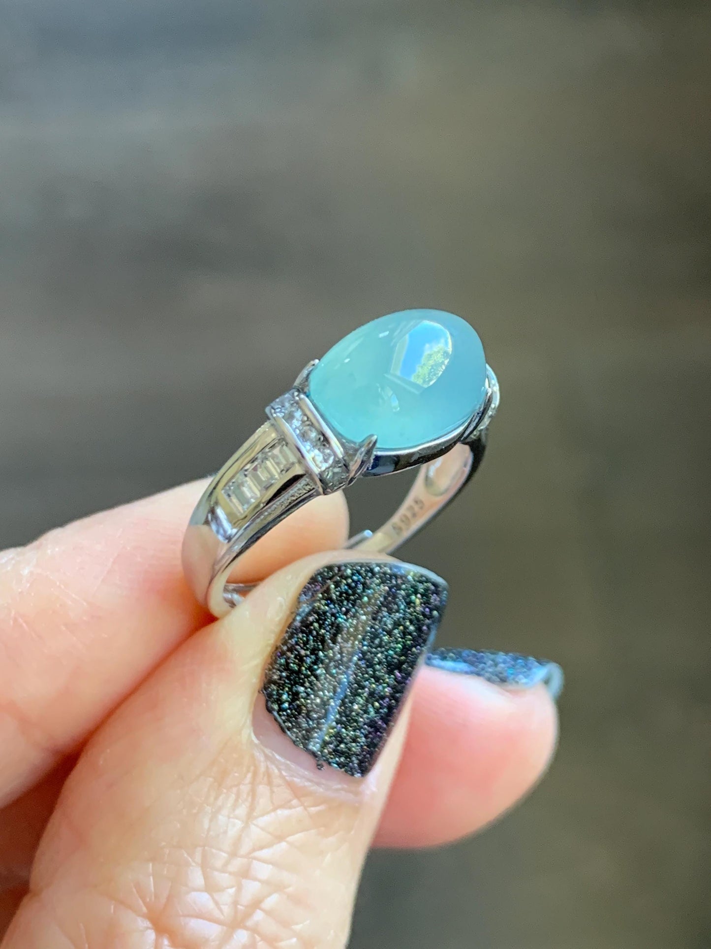 Natural Grade A Guatemalan Icy Translucent Light Teal Blue Oval Jade Jadeite Ring Sterling Silver Size Adjustable 天然冰危浅蓝翡翠银镶戒指 JDX132B