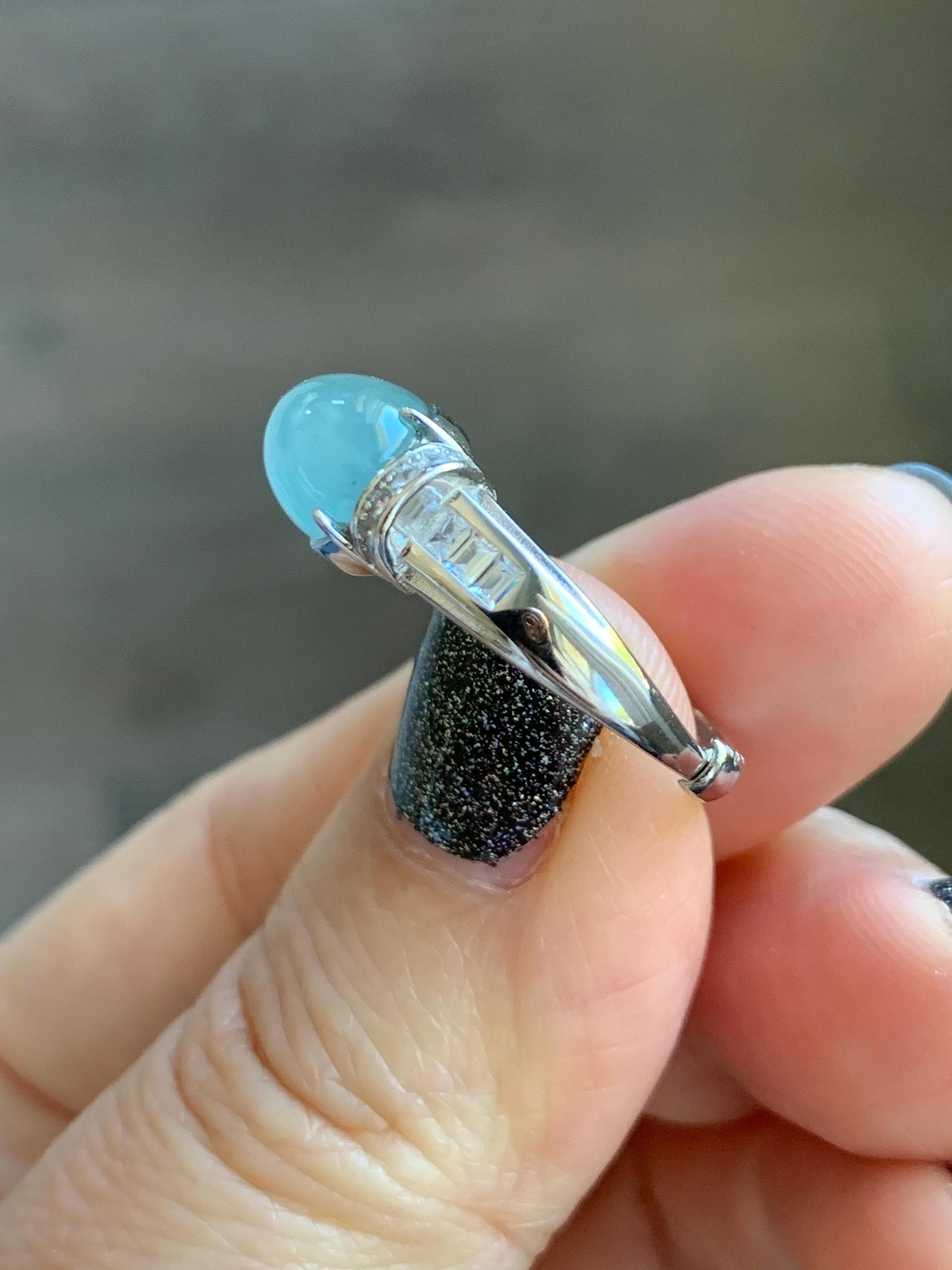 Natural Grade A Guatemalan Icy Translucent Light Teal Blue Oval Jade Jadeite Ring Sterling Silver Size Adjustable 天然冰危浅蓝翡翠银镶戒指 JDX132B