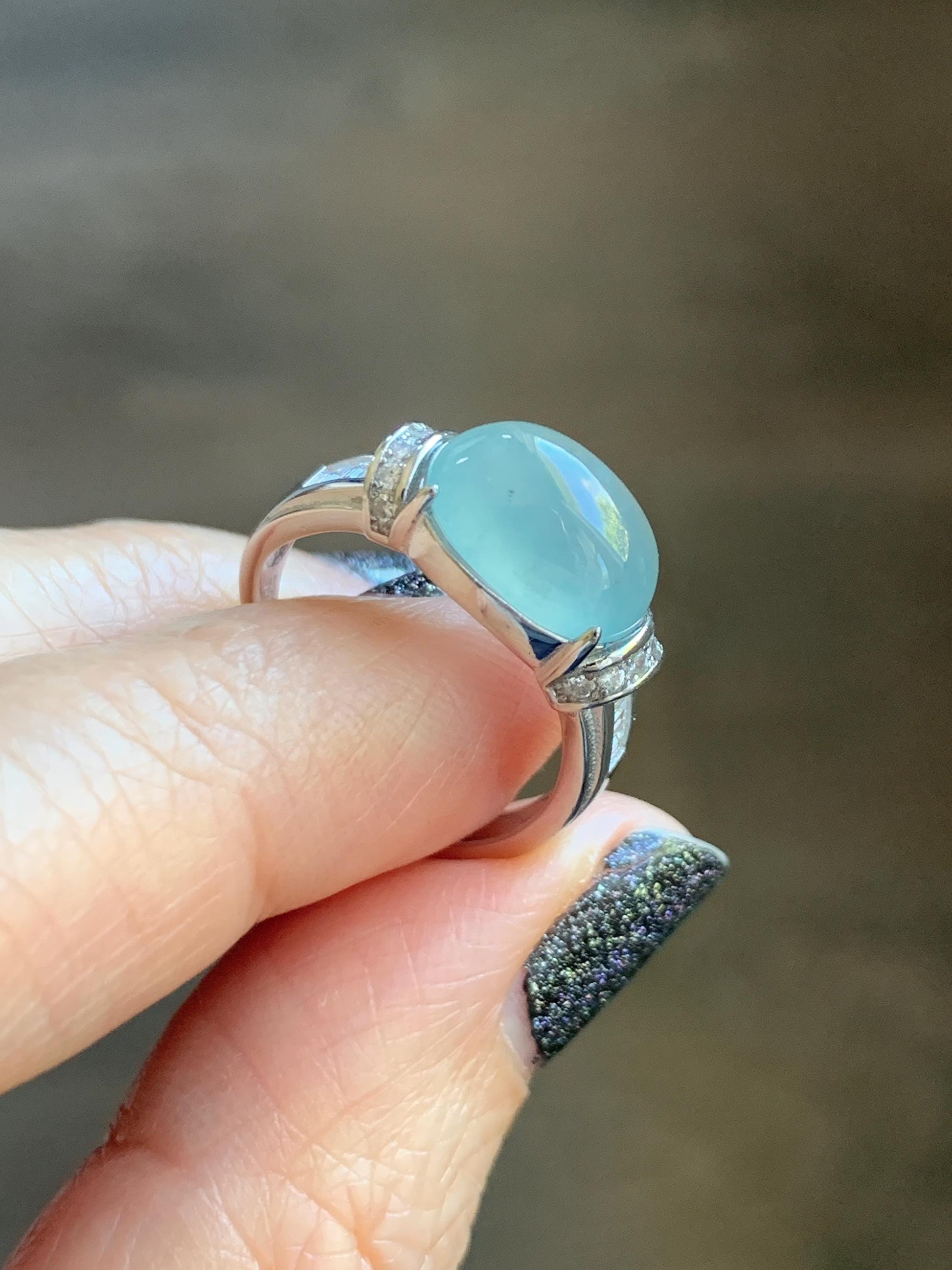 Natural Grade A Guatemalan Icy Translucent Light Teal Blue Oval Jade Jadeite Ring Sterling Silver Size Adjustable 天然冰危浅蓝翡翠银镶戒指 JDX132B