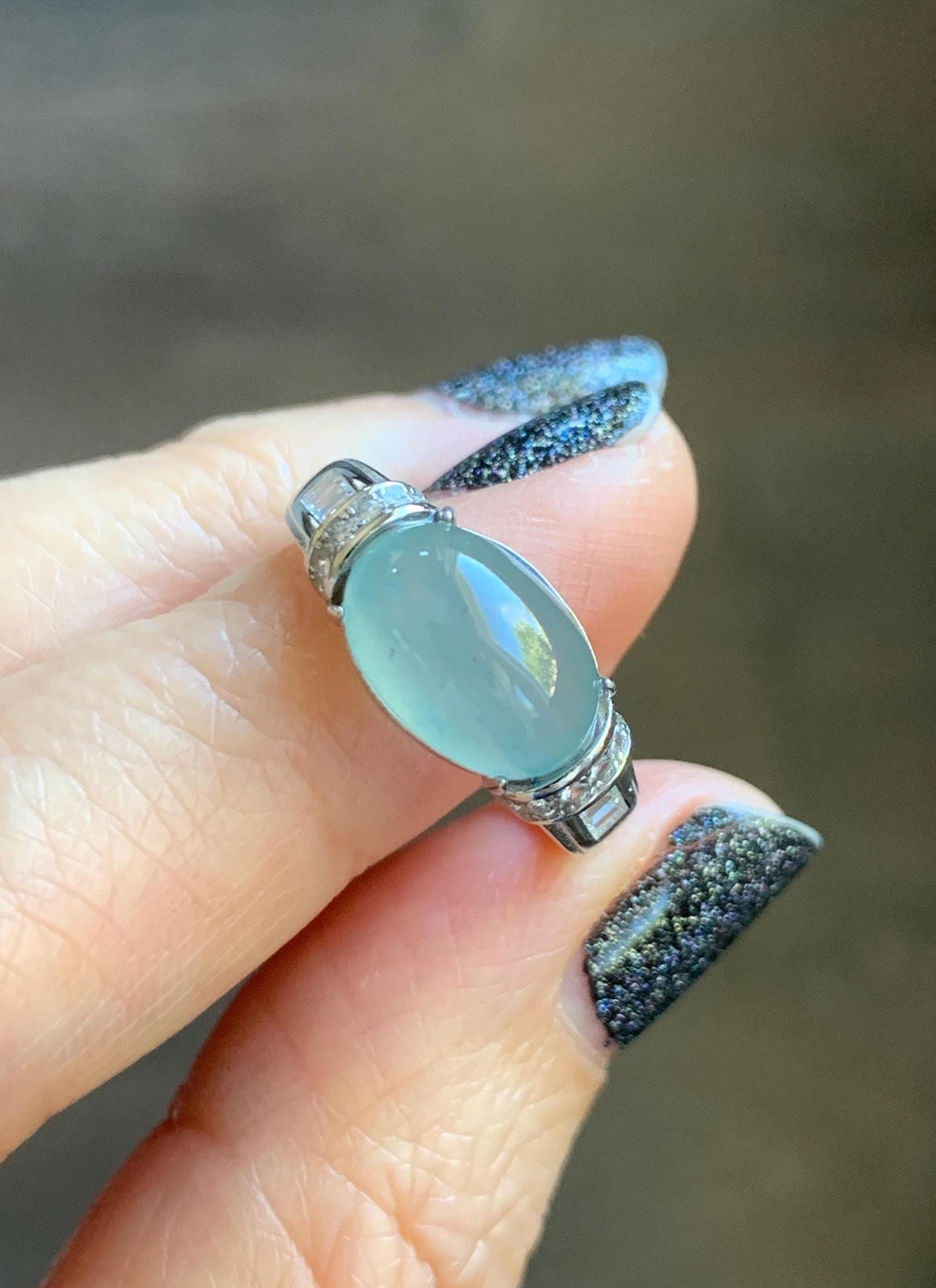 Natural Grade A Guatemalan Icy Translucent Light Teal Blue Oval Jade Jadeite Ring Sterling Silver Size Adjustable 天然冰危浅蓝翡翠银镶戒指 JDX132B