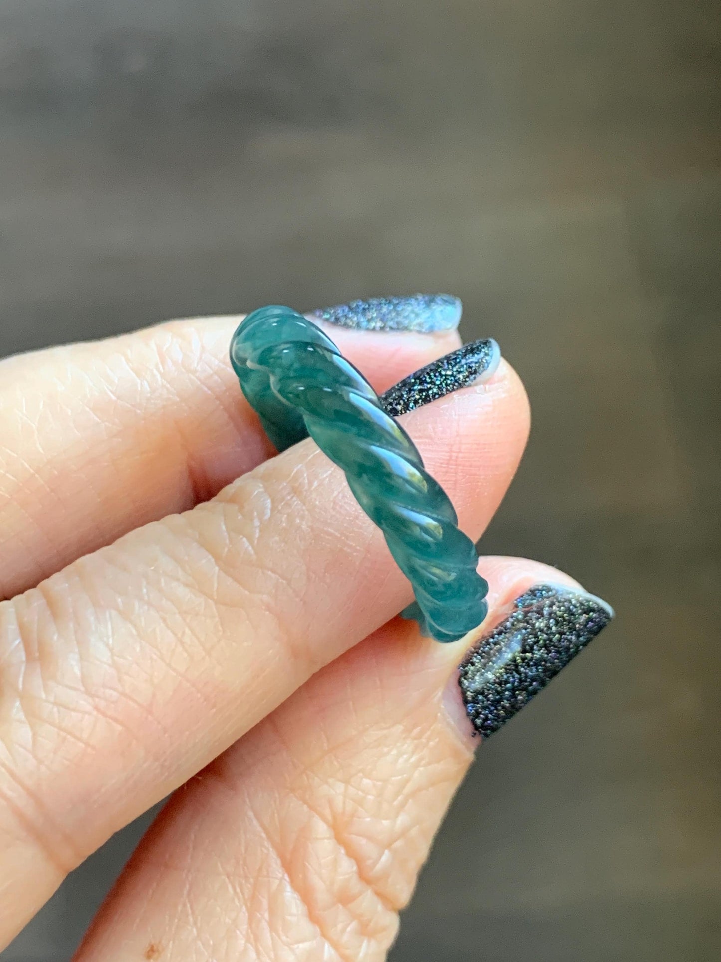 Natural Grade A Guatemalan Icy Translucent Gelatinous Dark Teal Blue Jade Jadeite Carved Braid Band Ring Size 9.25 US 天然冰危蓝水翡翠麻花戒圈 MHW66B