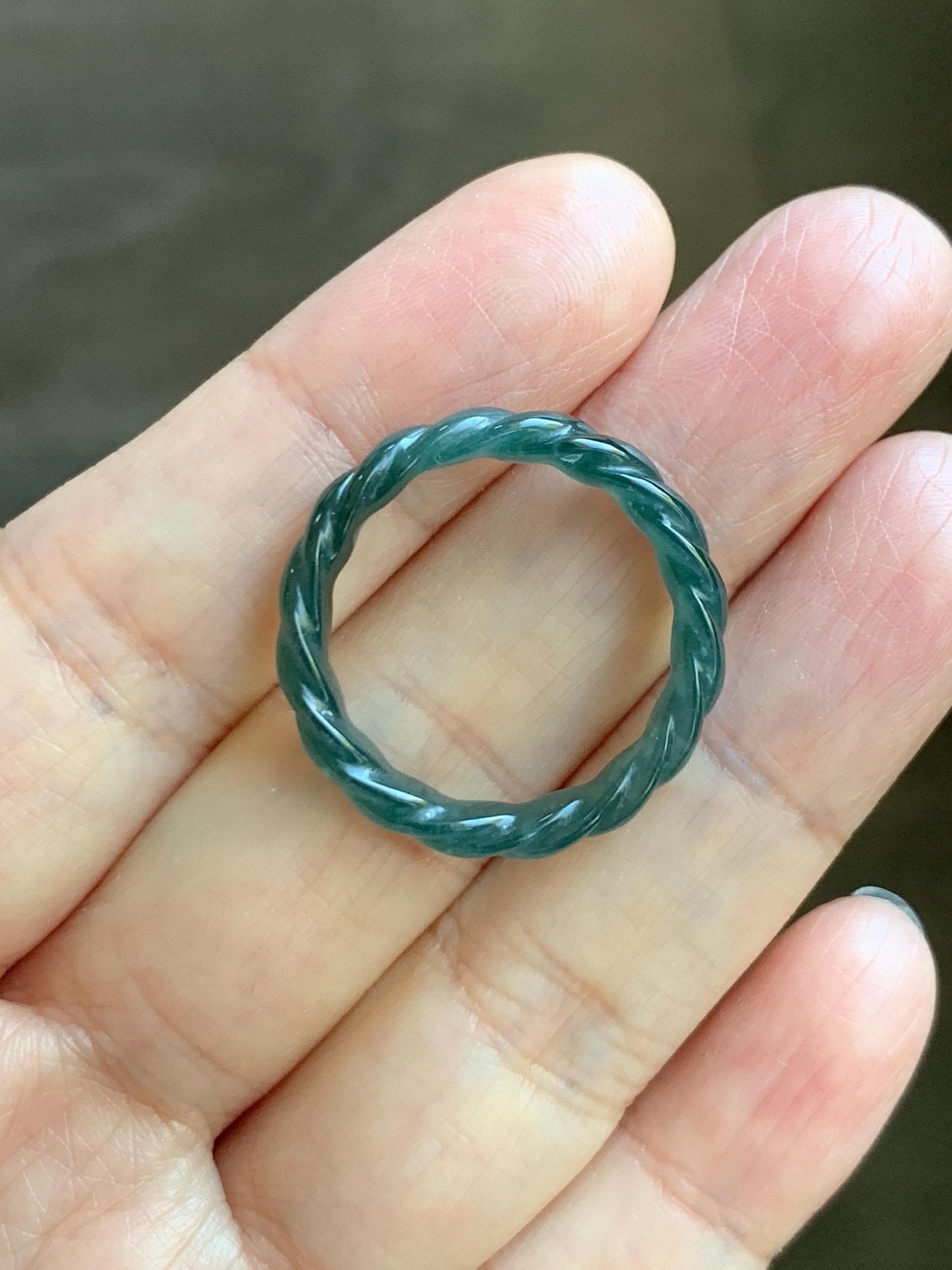 Natural Grade A Guatemalan Icy Translucent Gelatinous Dark Teal Blue Jade Jadeite Carved Braid Band Ring Size 9.25 US 天然冰危蓝水翡翠麻花戒圈 MHW66B