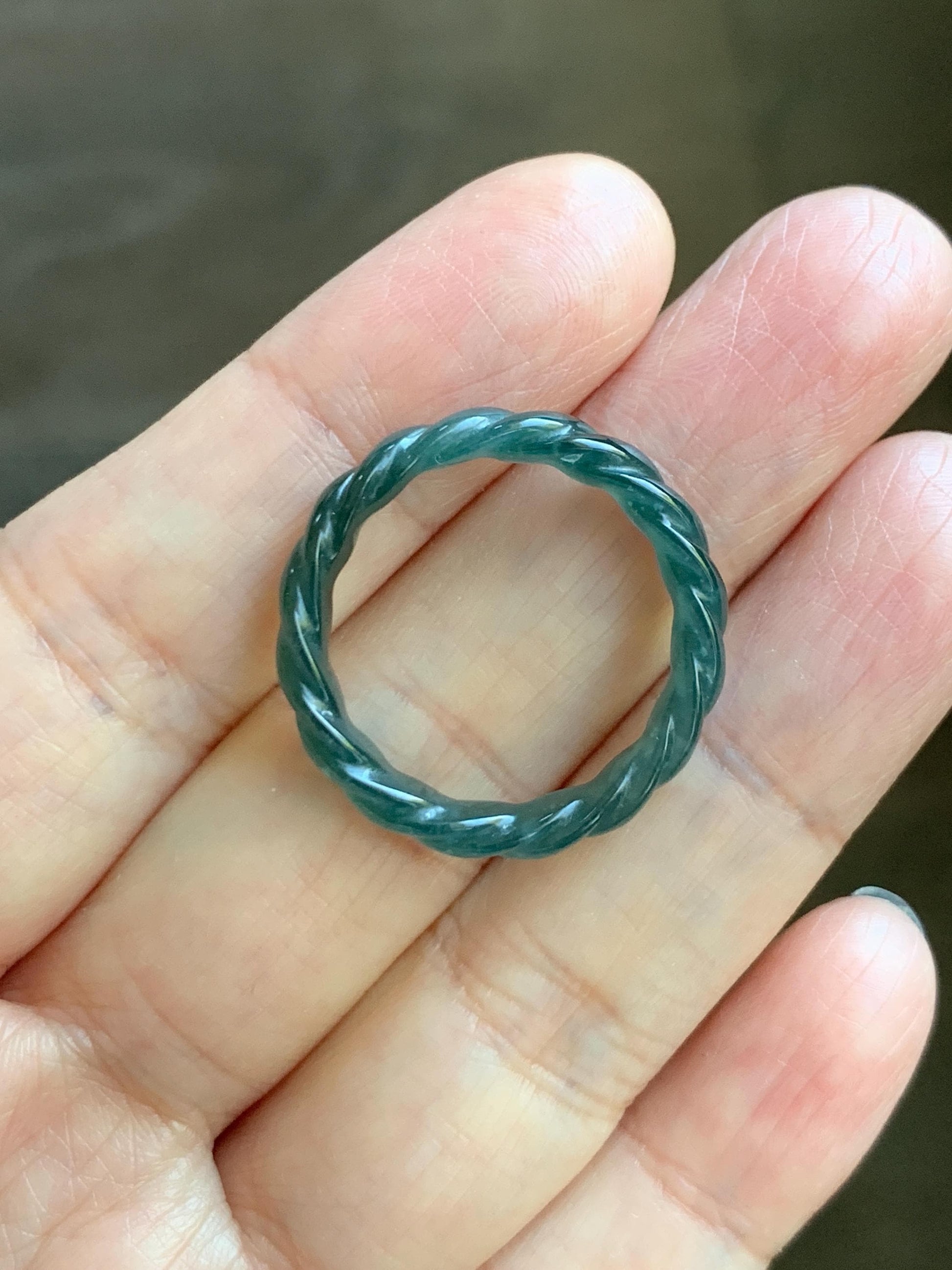 Natural Grade A Guatemalan Icy Translucent Gelatinous Dark Teal Blue Jade Jadeite Carved Braid Band Ring Size 9.25 US 天然冰危蓝水翡翠麻花戒圈 MHW66B