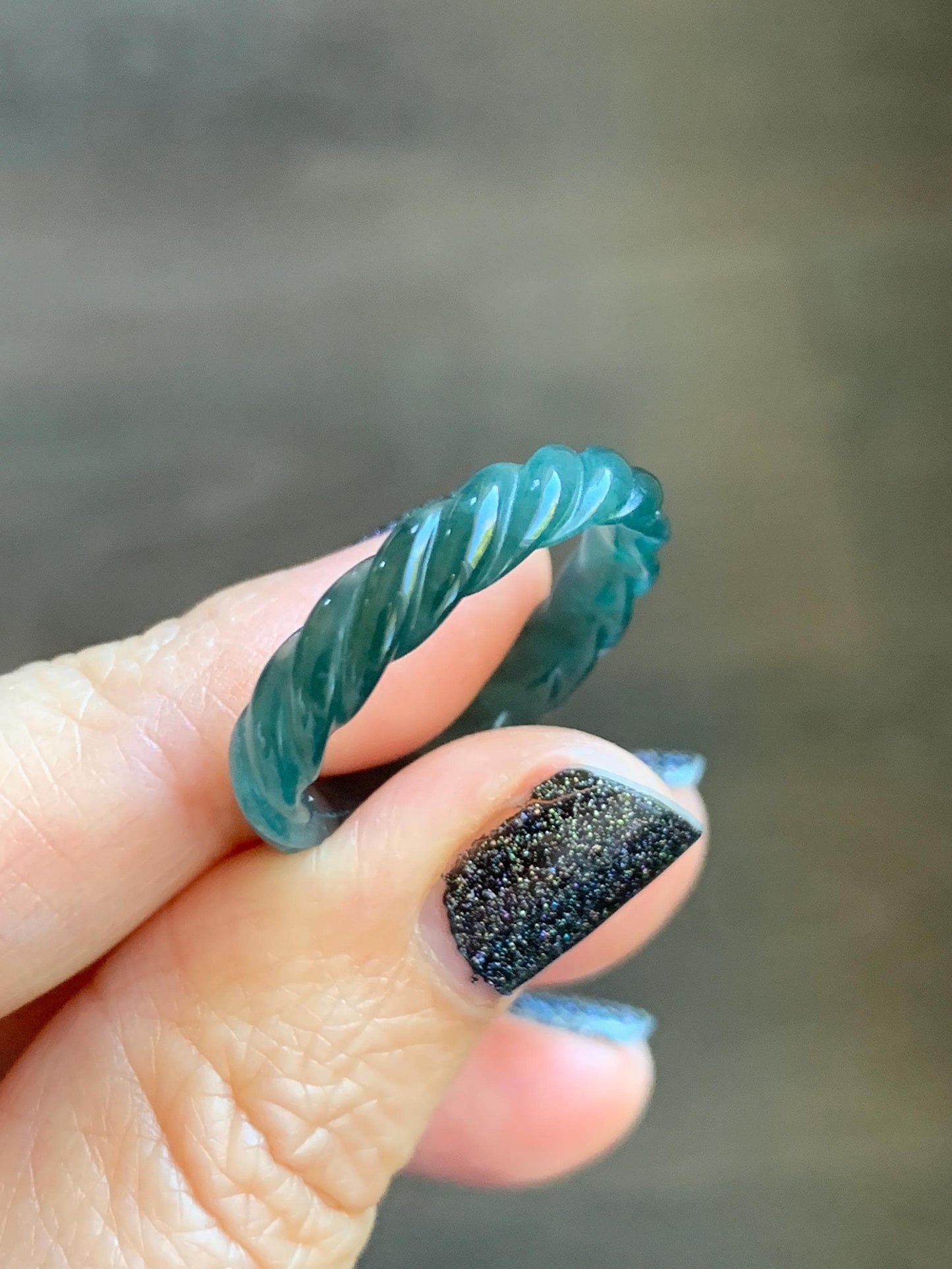 Natural Grade A Guatemalan Icy Translucent Gelatinous Dark Teal Blue Jade Jadeite Carved Braid Band Ring Size 9.25 US 天然冰危蓝水翡翠麻花戒圈 MHW66B