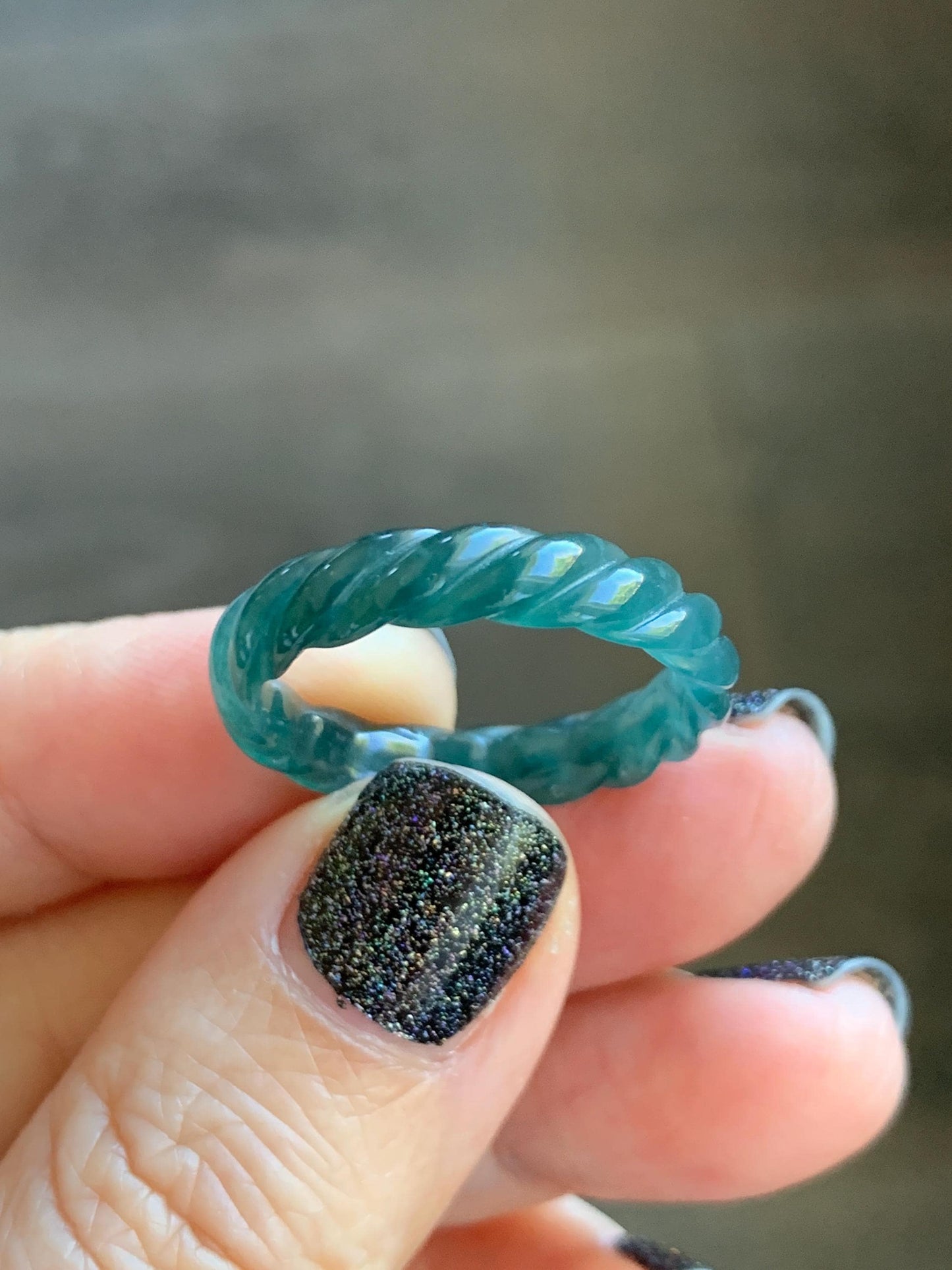 Natural Grade A Guatemalan Icy Translucent Gelatinous Dark Teal Blue Jade Jadeite Carved Braid Band Ring Size 9.25 US 天然冰危蓝水翡翠麻花戒圈 MHW66B