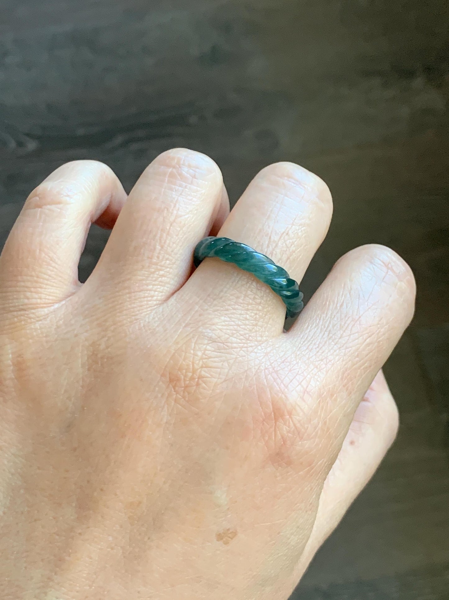 Natural Grade A Guatemalan Icy Translucent Gelatinous Dark Teal Blue Jade Jadeite Carved Braid Band Ring Size 9.25 US 天然冰危蓝水翡翠麻花戒圈 MHW66B