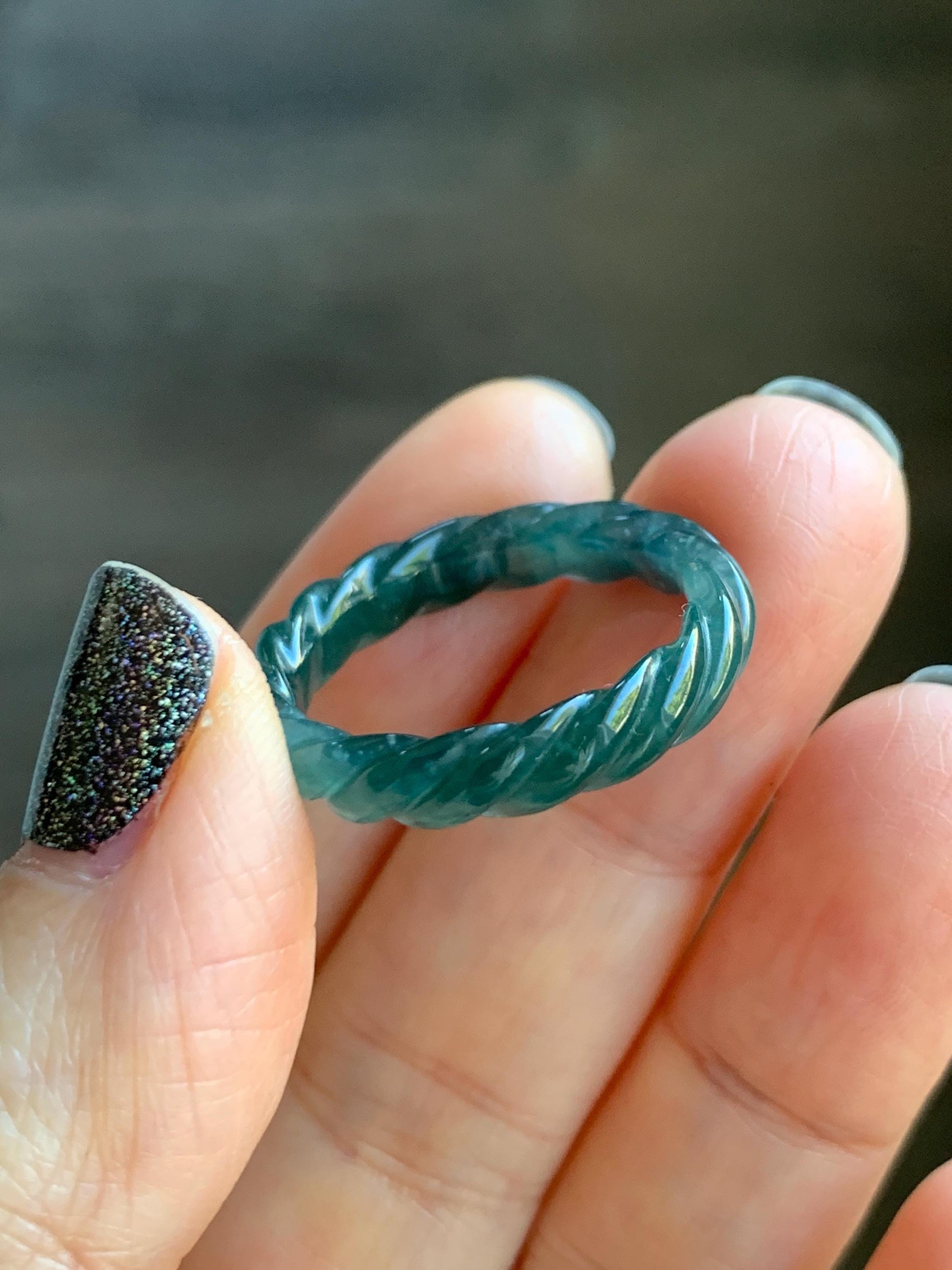 Natural Grade A Guatemalan Icy Translucent Gelatinous Dark Teal Blue Jade Jadeite Carved Braid Band Ring Size 9.25 US 天然冰危蓝水翡翠麻花戒圈 MHW66B
