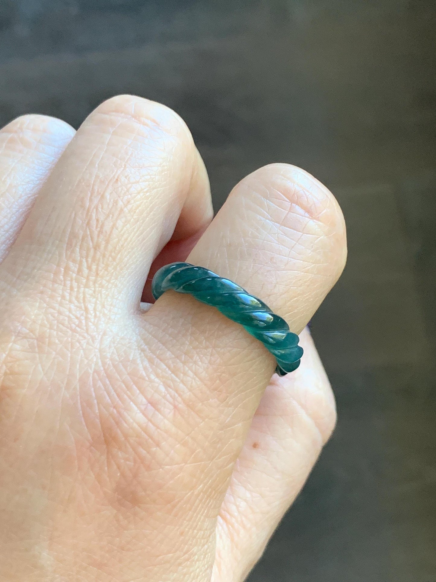 Natural Grade A Guatemalan Icy Translucent Gelatinous Dark Teal Blue Jade Jadeite Carved Braid Band Ring Size 9.25 US 天然冰危蓝水翡翠麻花戒圈 MHW66B