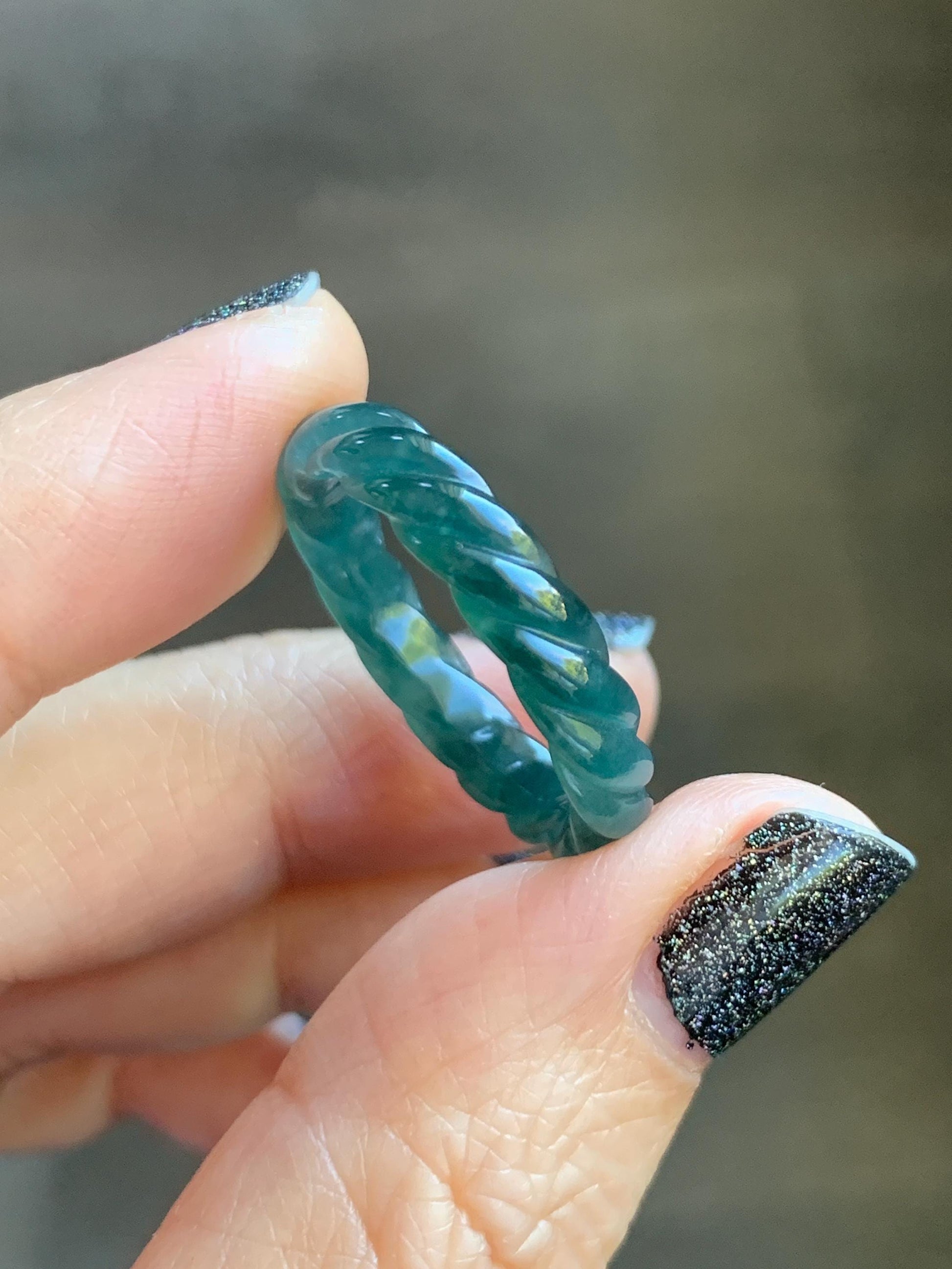 Natural Grade A Guatemalan Icy Translucent Gelatinous Dark Teal Blue Jade Jadeite Carved Braid Band Ring Size 9.25 US 天然冰危蓝水翡翠麻花戒圈 MHW66B