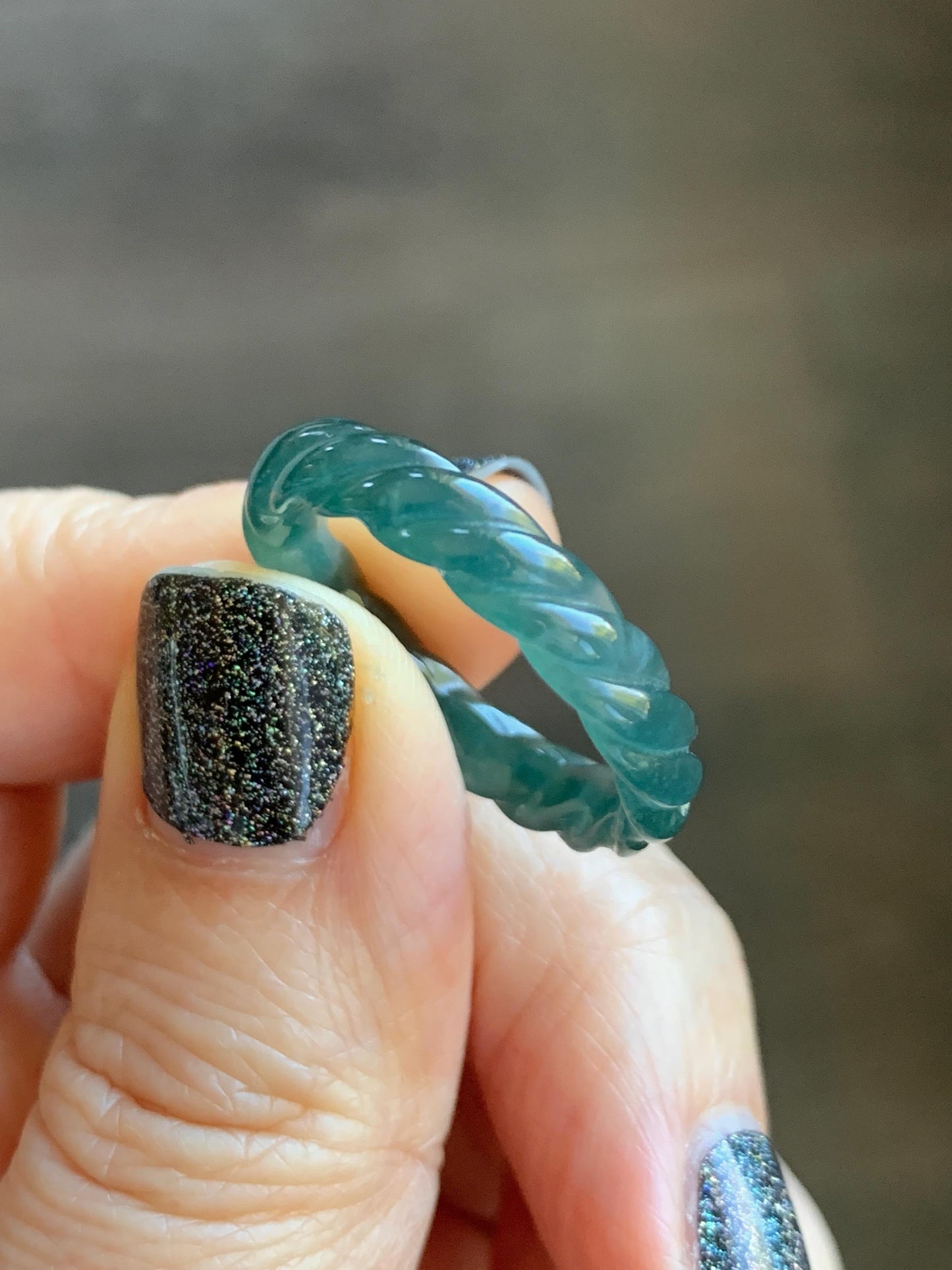 Natural Grade A Guatemalan Icy Translucent Gelatinous Dark Teal Blue Jade Jadeite Carved Braid Band Ring Size 9.25 US 天然冰危蓝水翡翠麻花戒圈 MHW66B