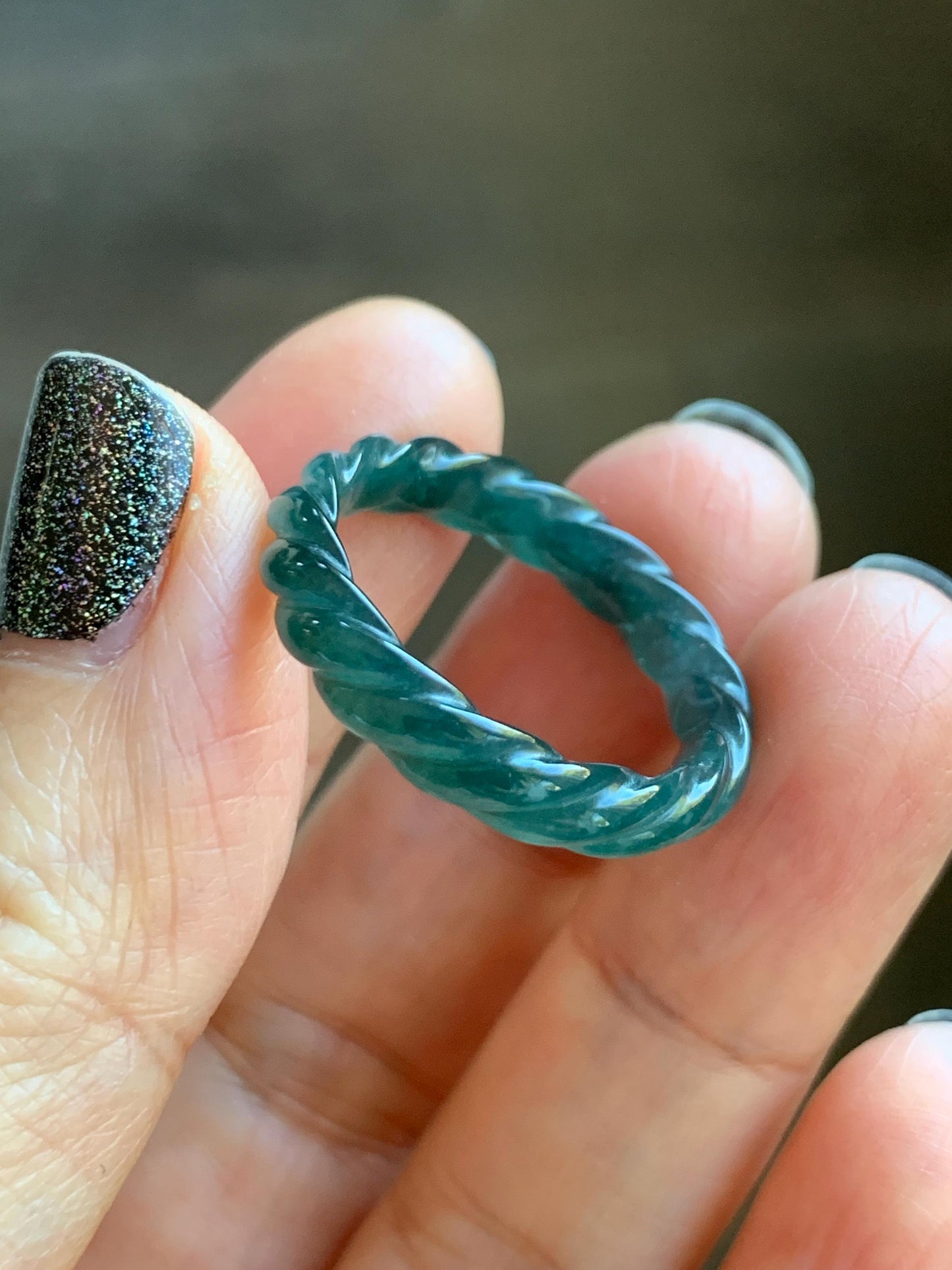 Natural Grade A Guatemalan Icy Translucent Gelatinous Dark Teal Blue Jade Jadeite Carved Braid Band Ring Size 9.25 US 天然冰危蓝水翡翠麻花戒圈 MHW66B