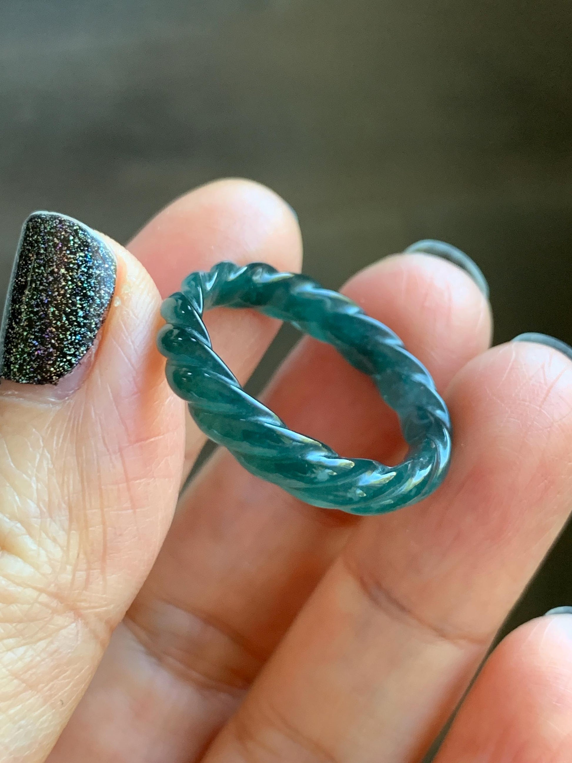 Natural Grade A Guatemalan Icy Translucent Gelatinous Dark Teal Blue Jade Jadeite Carved Braid Band Ring Size 9.25 US 天然冰危蓝水翡翠麻花戒圈 MHW66B