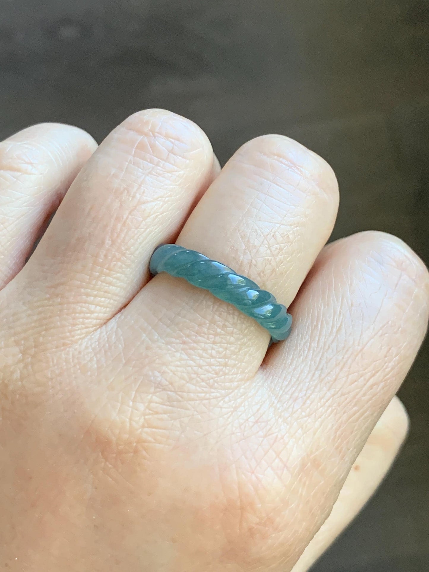 Natural Grade A Guatemalan Icy Translucent Gelatinous Dusty Teal Jade Jadeite Carved Braid Band Ring Size 8 US 天然冰危暗蓝绿翡翠麻花戒圈 MHW66C