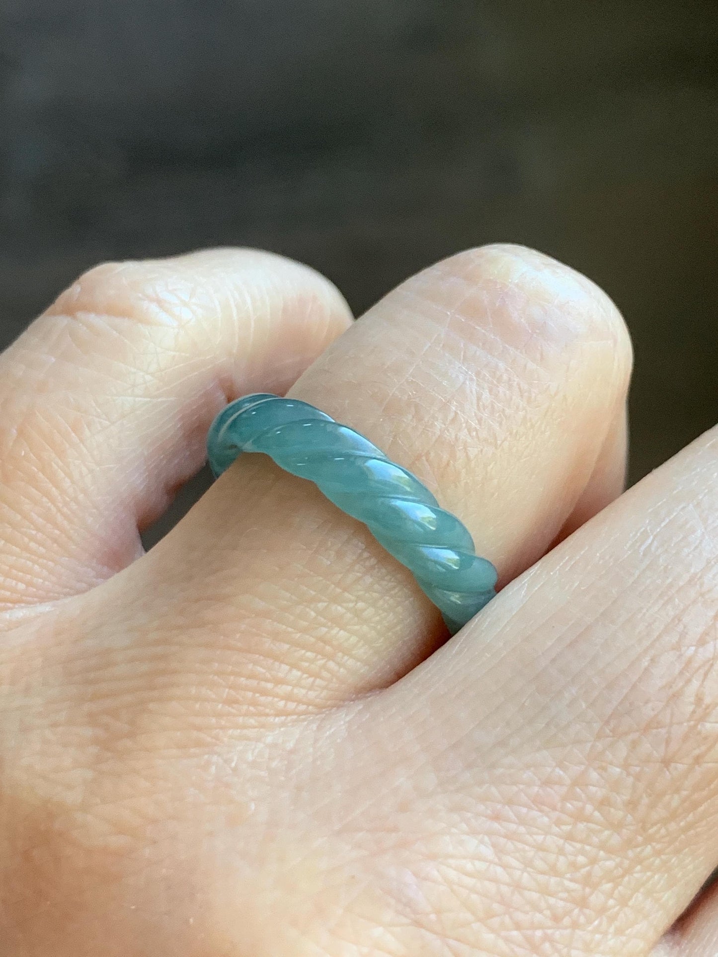Natural Grade A Guatemalan Icy Translucent Gelatinous Dusty Teal Jade Jadeite Carved Braid Band Ring Size 8 US 天然冰危暗蓝绿翡翠麻花戒圈 MHW66C