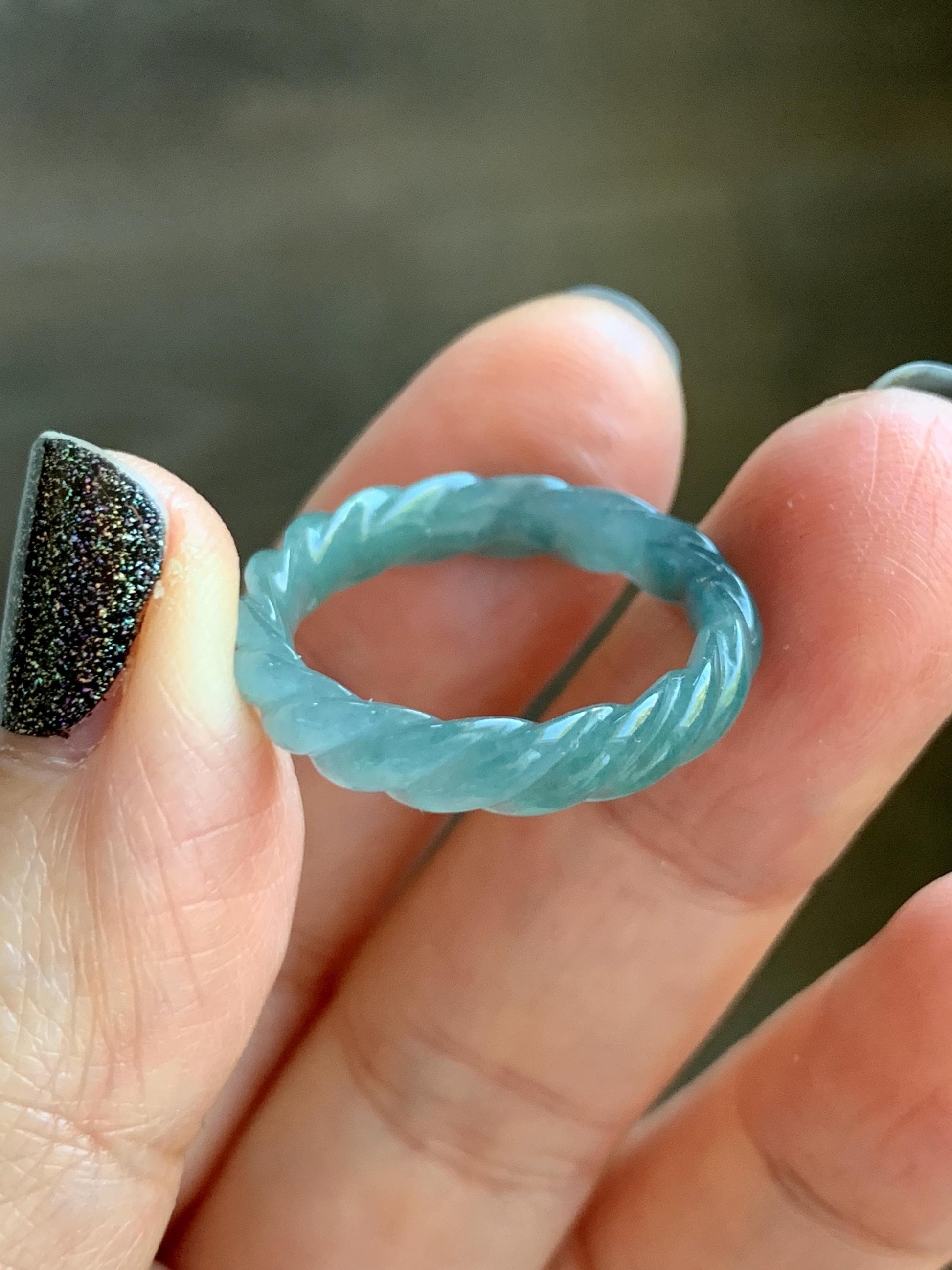 Natural Grade A Guatemalan Icy Translucent Gelatinous Dusty Teal Jade Jadeite Carved Braid Band Ring Size 8 US 天然冰危暗蓝绿翡翠麻花戒圈 MHW66C