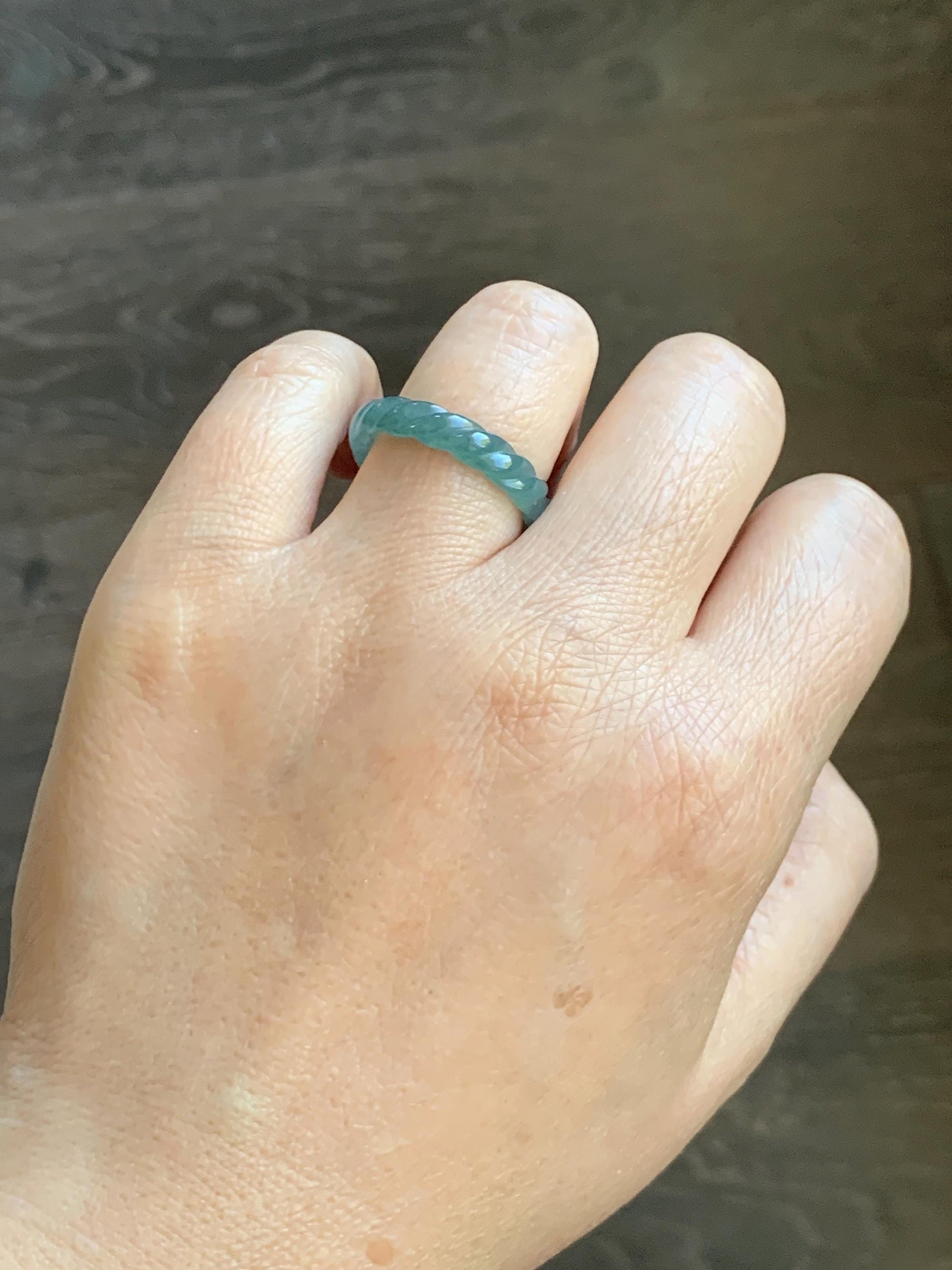 Natural Grade A Guatemalan Icy Translucent Gelatinous Dusty Teal Jade Jadeite Carved Braid Band Ring Size 8 US 天然冰危暗蓝绿翡翠麻花戒圈 MHW66C