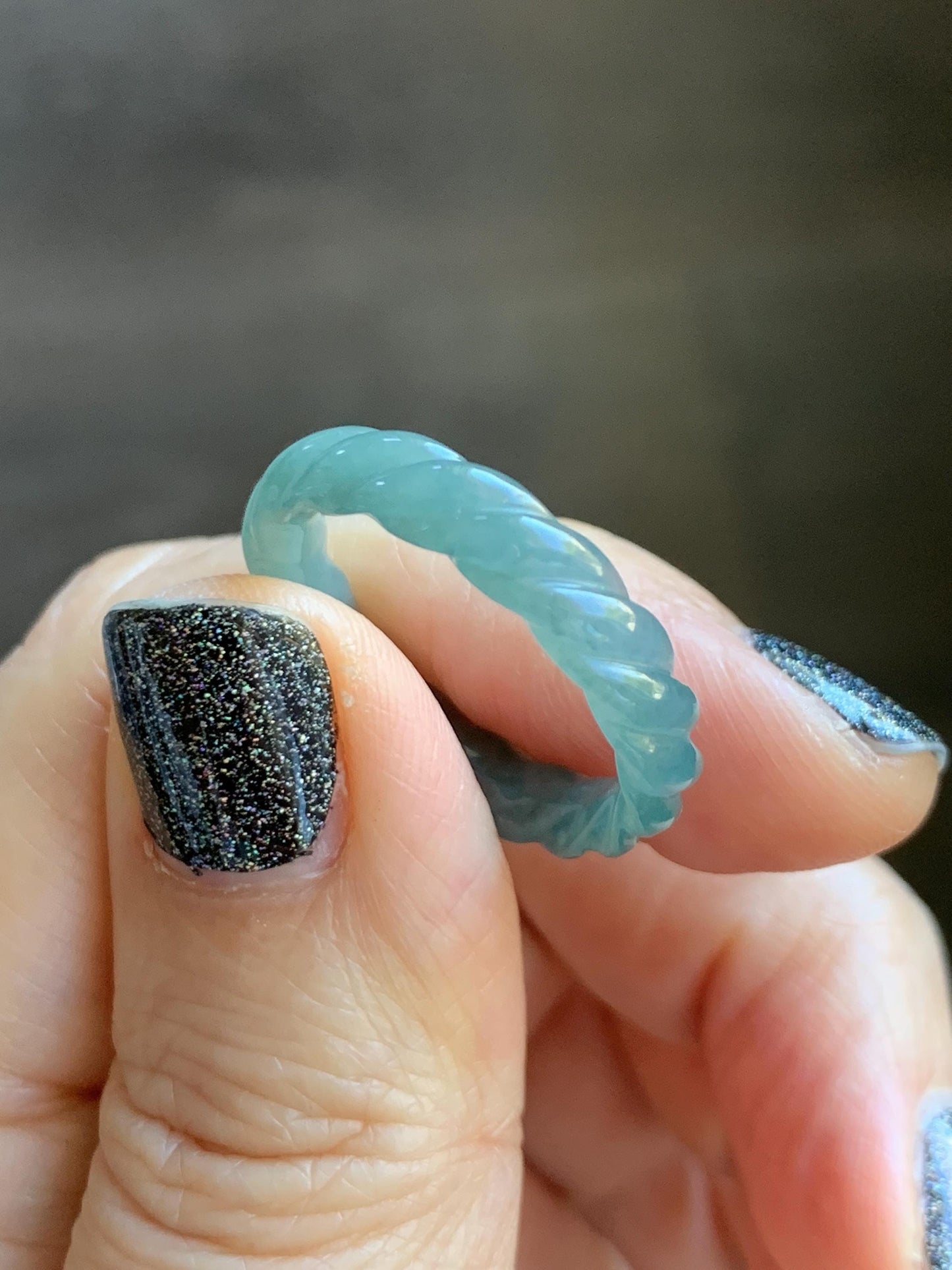 Natural Grade A Guatemalan Icy Translucent Gelatinous Dusty Teal Jade Jadeite Carved Braid Band Ring Size 8 US 天然冰危暗蓝绿翡翠麻花戒圈 MHW66C