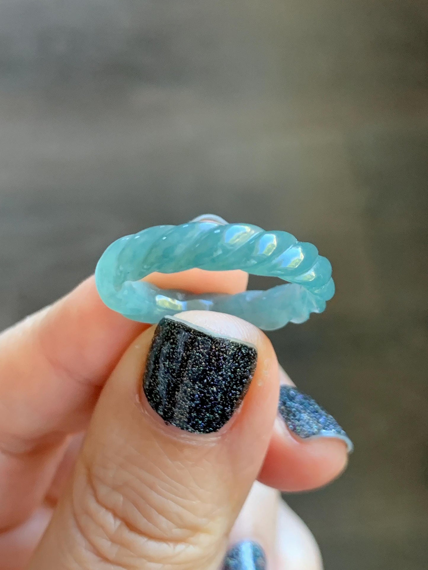 Natural Grade A Guatemalan Icy Translucent Gelatinous Dusty Teal Jade Jadeite Carved Braid Band Ring Size 8 US 天然冰危暗蓝绿翡翠麻花戒圈 MHW66C