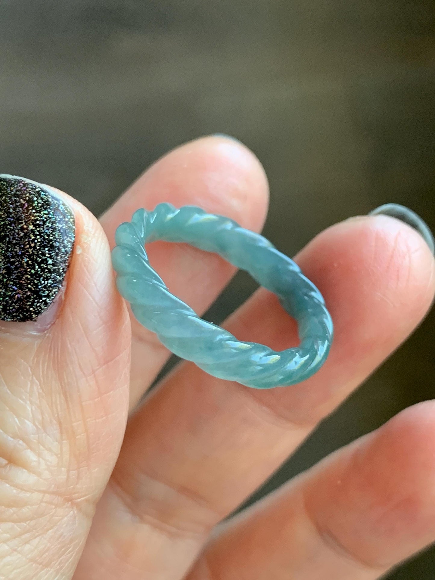 Natural Grade A Guatemalan Icy Translucent Gelatinous Dusty Teal Jade Jadeite Carved Braid Band Ring Size 8 US 天然冰危暗蓝绿翡翠麻花戒圈 MHW66C