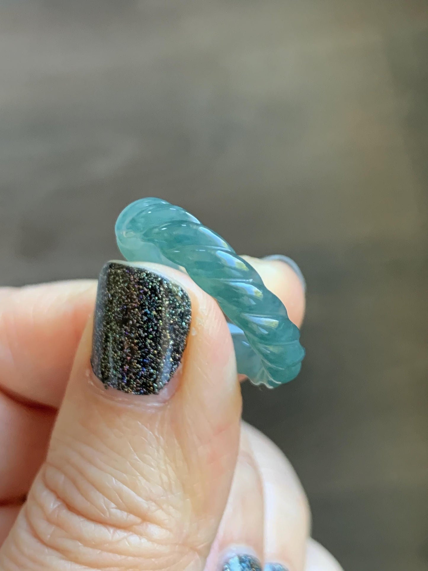 Natural Grade A Guatemalan Icy Translucent Gelatinous Dark Teal Blue Jade Jadeite Carved Braid Band Ring Size 7 US 天然冰危深蓝绿翡翠麻花戒圈 MHW66D