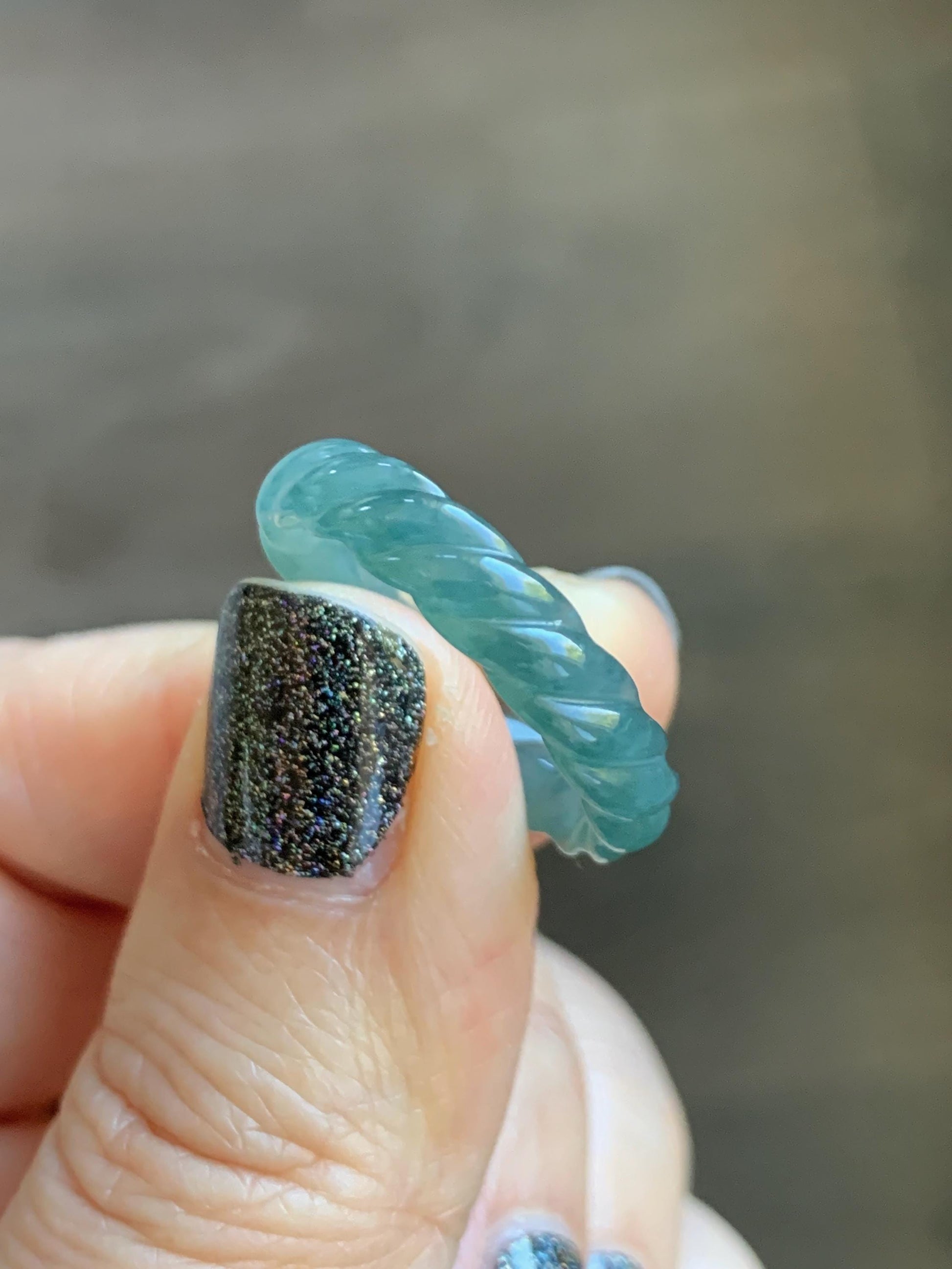 Natural Grade A Guatemalan Icy Translucent Gelatinous Dark Teal Blue Jade Jadeite Carved Braid Band Ring Size 7 US 天然冰危深蓝绿翡翠麻花戒圈 MHW66D