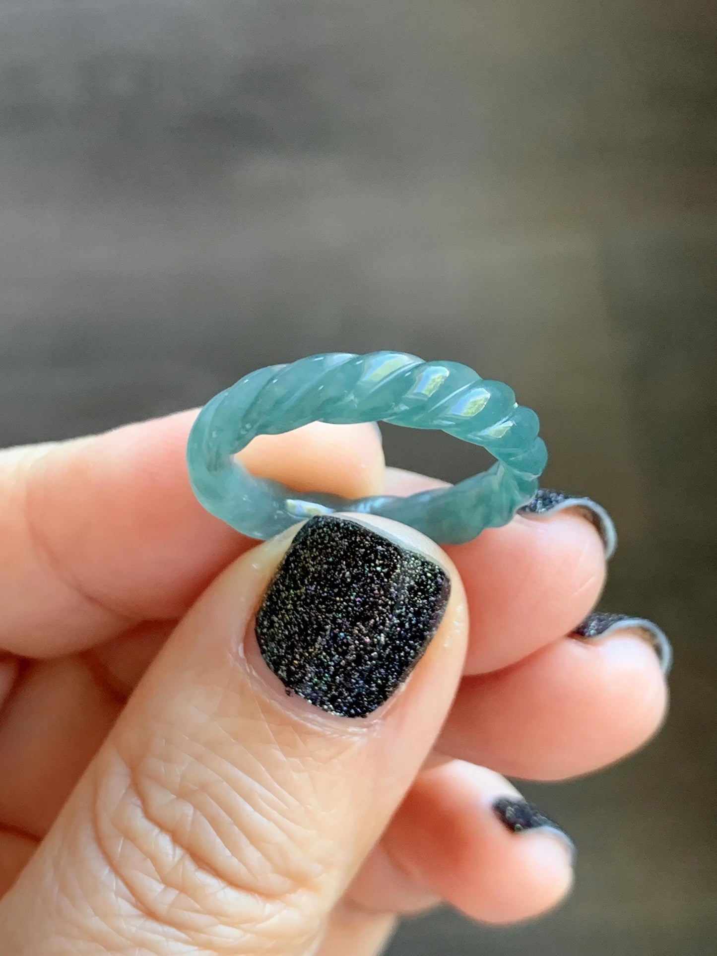 Natural Grade A Guatemalan Icy Translucent Gelatinous Dark Teal Blue Jade Jadeite Carved Braid Band Ring Size 7 US 天然冰危深蓝绿翡翠麻花戒圈 MHW66D