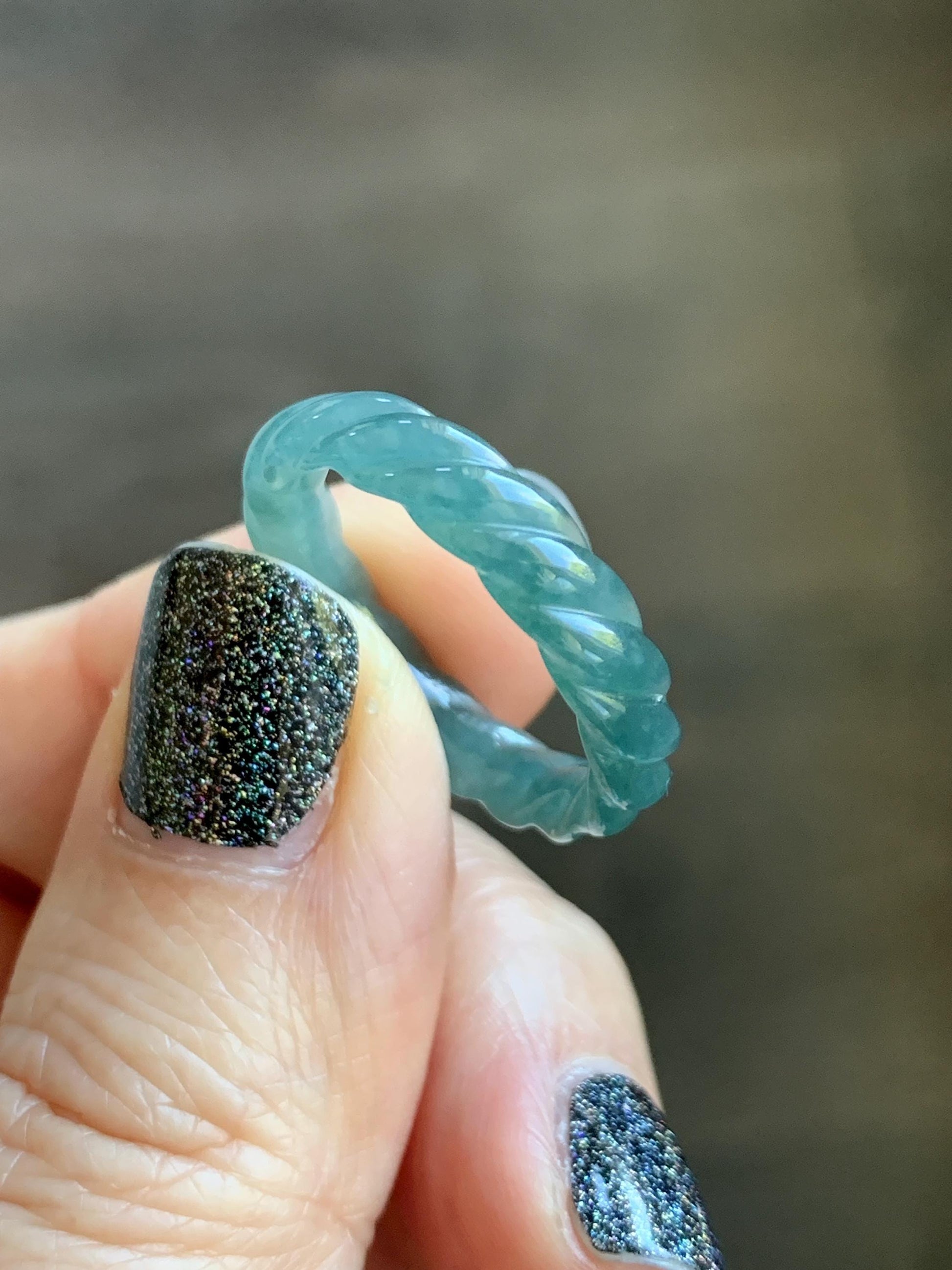 Natural Grade A Guatemalan Icy Translucent Gelatinous Dark Teal Blue Jade Jadeite Carved Braid Band Ring Size 7 US 天然冰危深蓝绿翡翠麻花戒圈 MHW66D