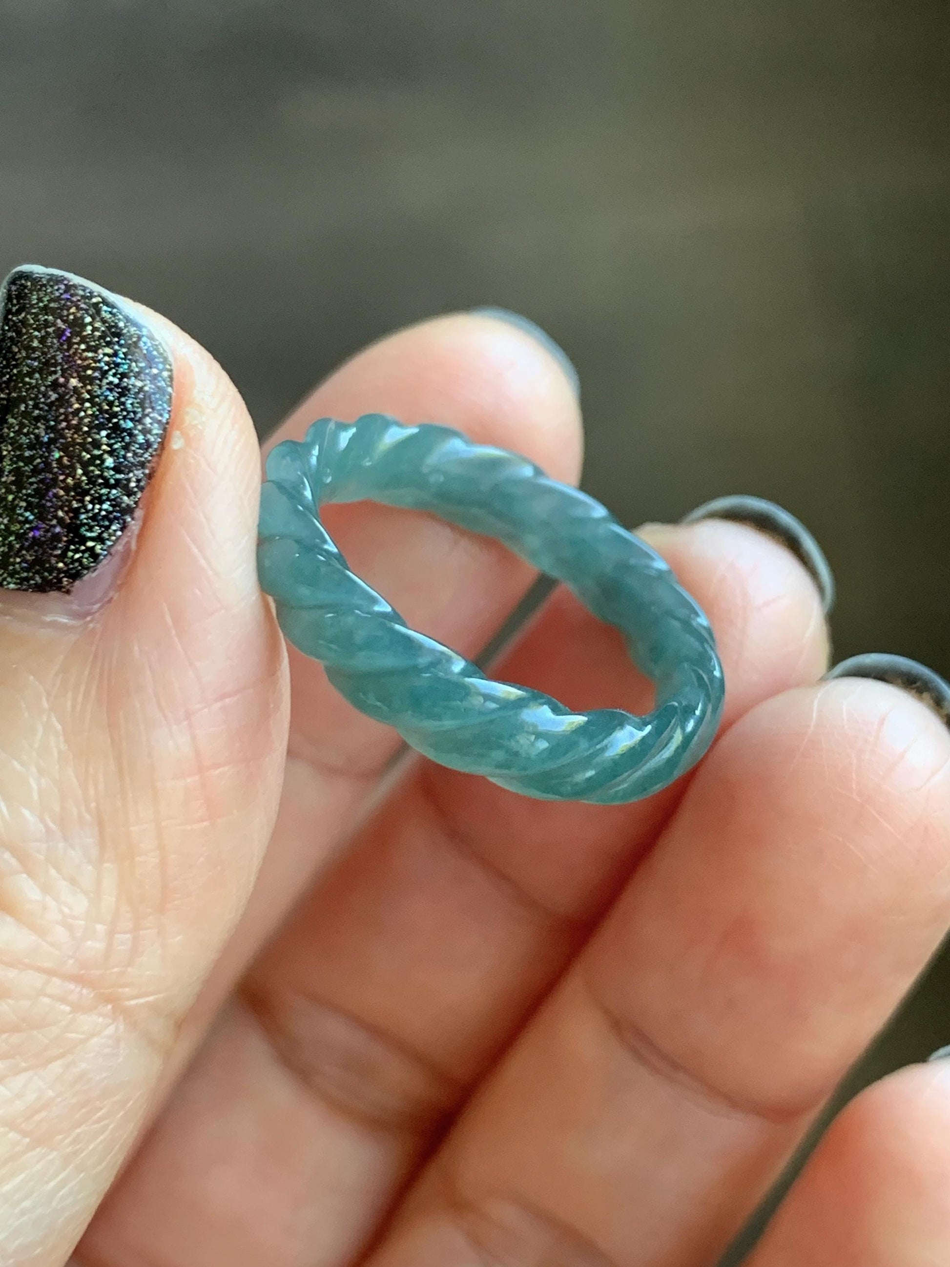 Natural Grade A Guatemalan Icy Translucent Gelatinous Dark Teal Blue Jade Jadeite Carved Braid Band Ring Size 7 US 天然冰危深蓝绿翡翠麻花戒圈 MHW66D