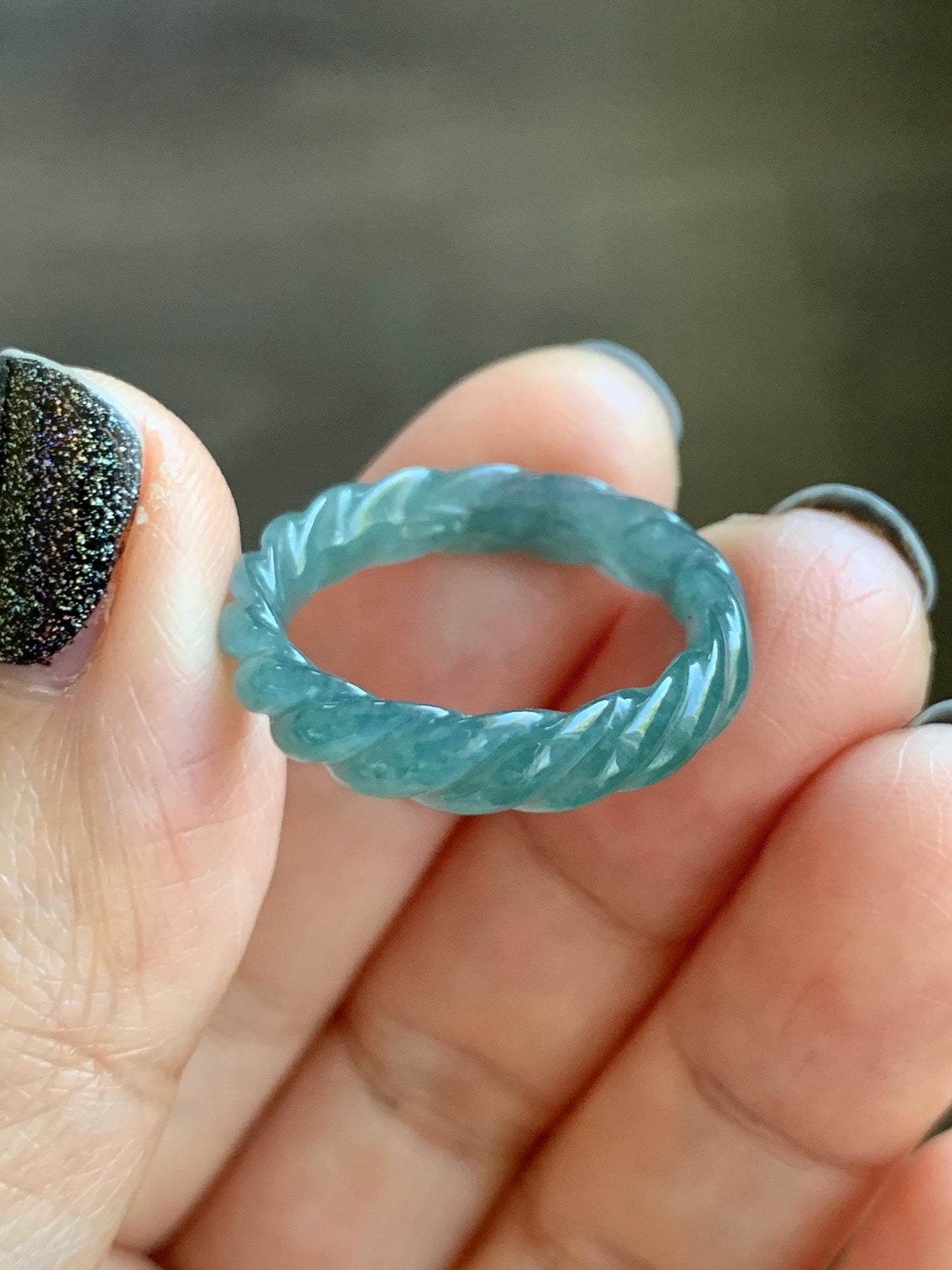 Natural Grade A Guatemalan Icy Translucent Gelatinous Dark Teal Blue Jade Jadeite Carved Braid Band Ring Size 7 US 天然冰危深蓝绿翡翠麻花戒圈 MHW66D